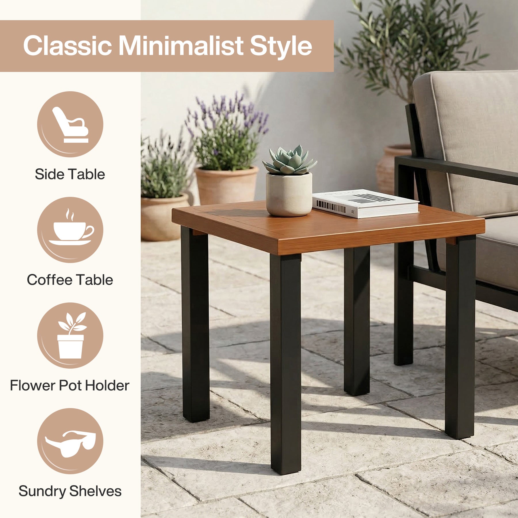 Square Outdoor Side Table, Weather Resistant Patio End Table with Metal Legs
