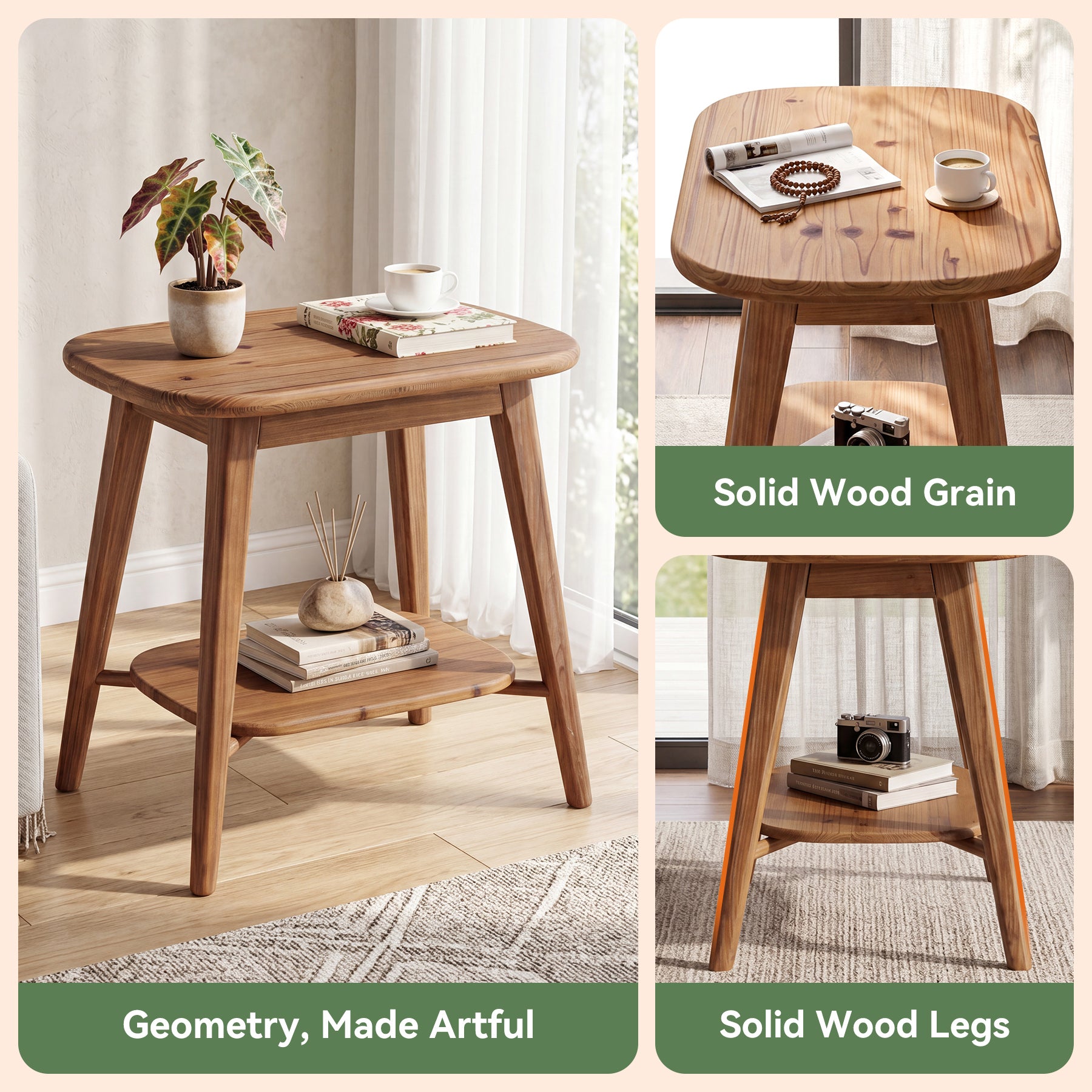 2-Tier Solid Wood End Table, Farmhouse Side Table with Rounded Corners for Small Spaces