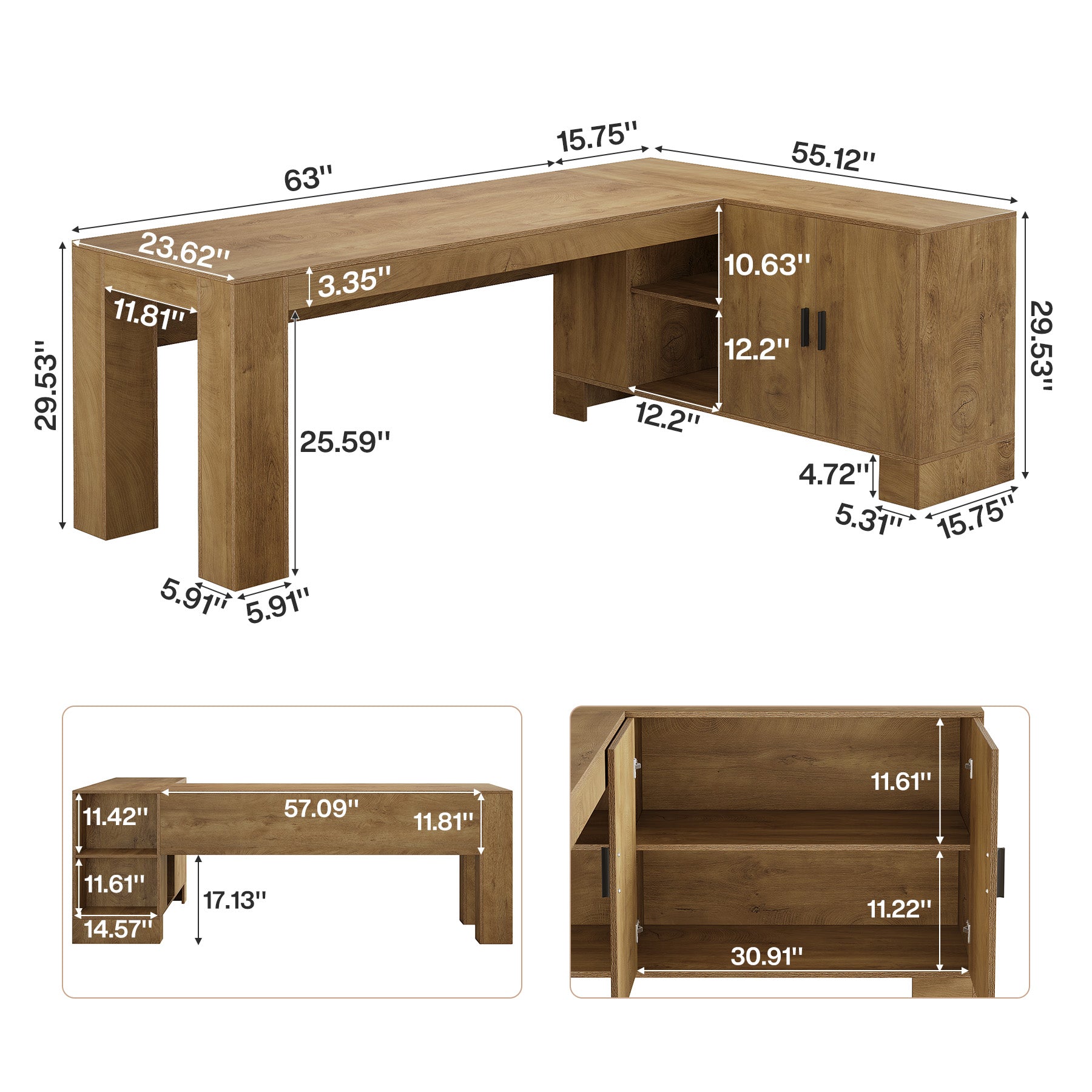 L-Shaped Executive Desk, 63" Office Desk with Storage Cabinet and 2-Tier Shelf