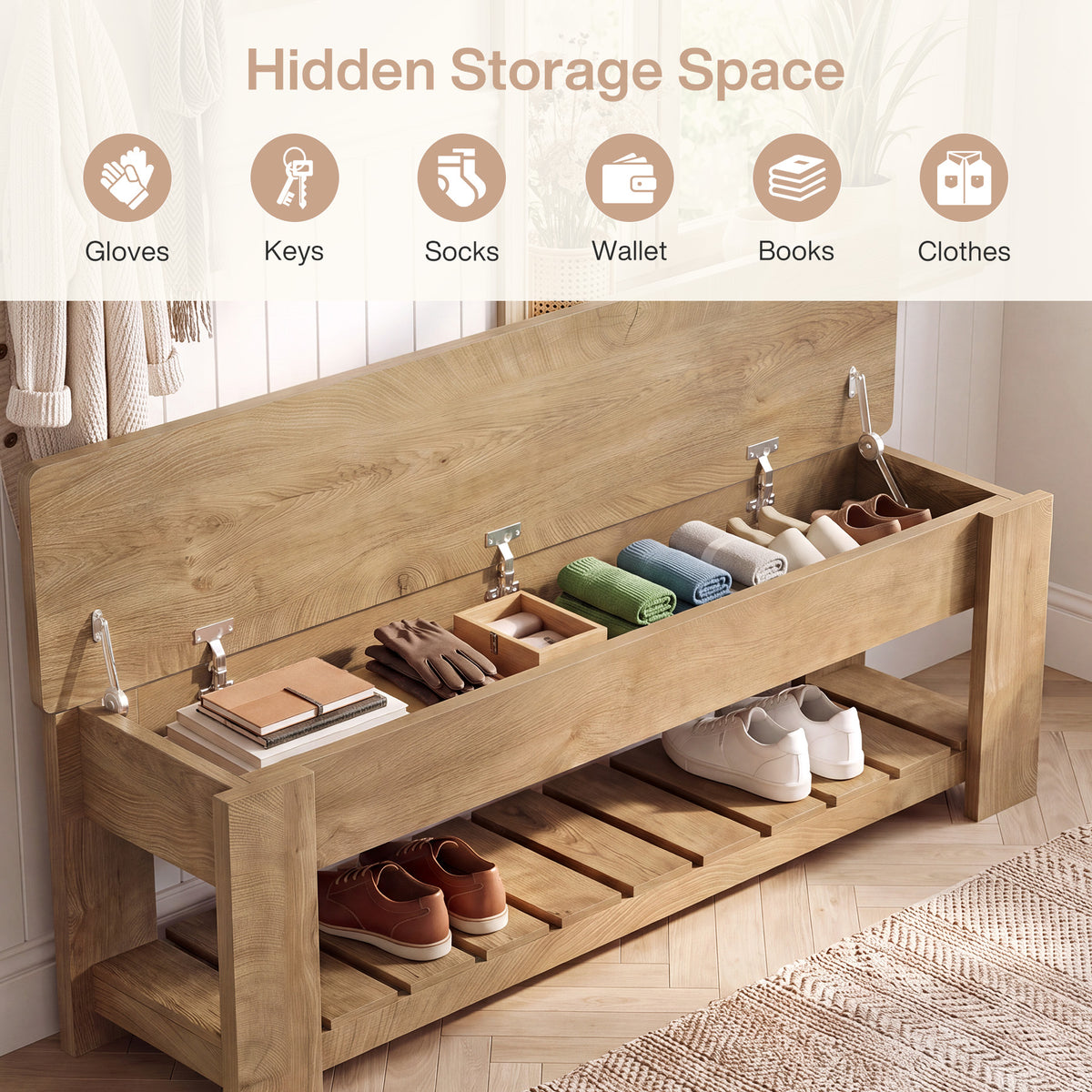 55.12" Lift Top Entryway Bench with Shoe Rack and Hidden Storage