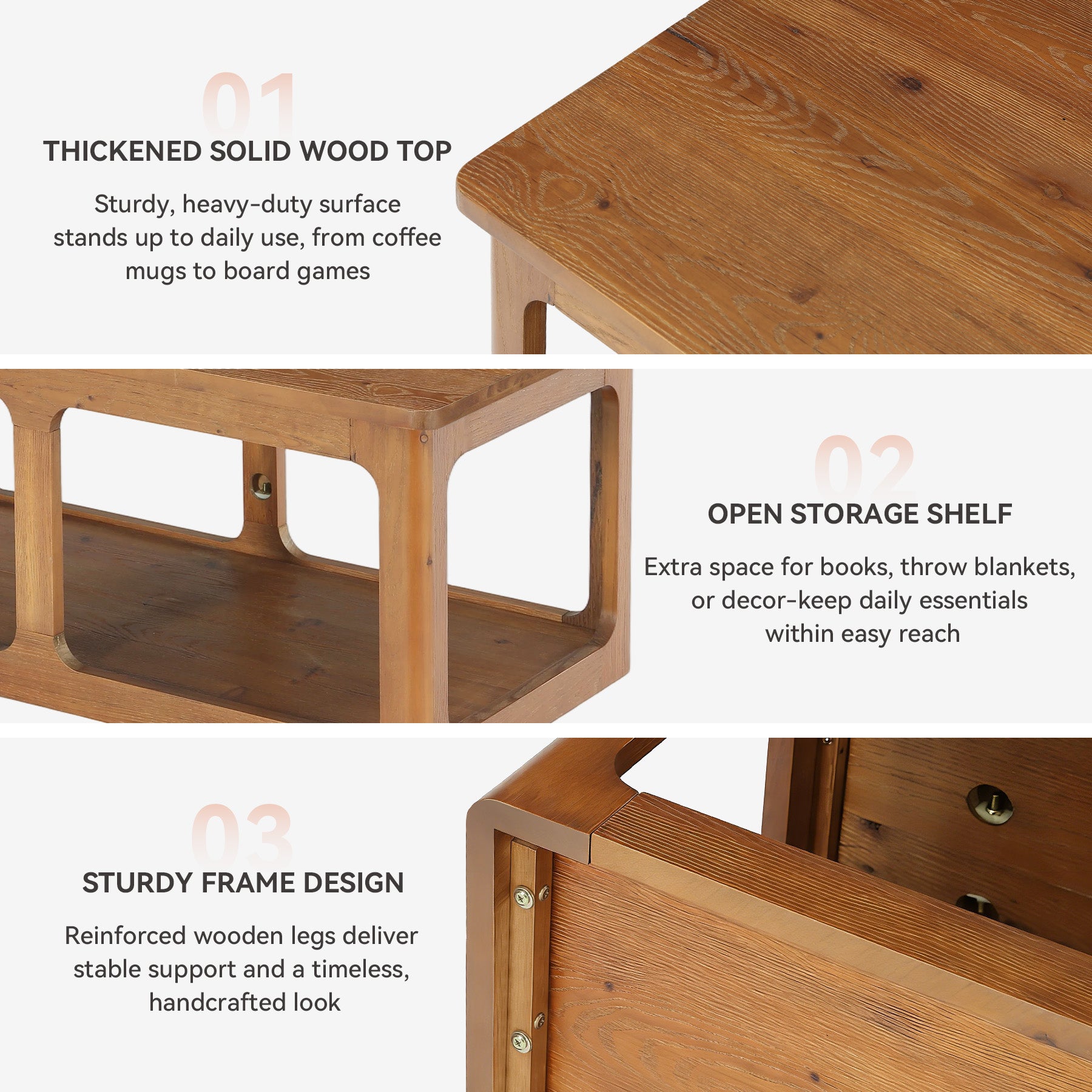 47.2" Rectangle Coffee Table, 2-Tier Solid Wood Center Table Cocktail Tea Table