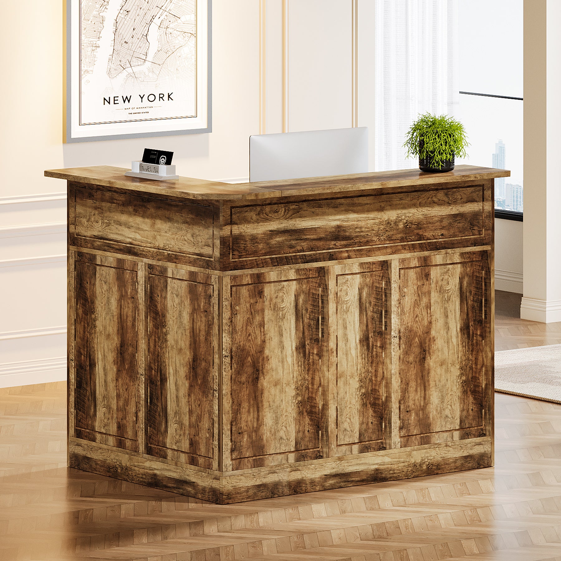 L-Shaped Reception Desk with Storage Shelves, Modern Front Desk for Small Office or Salon