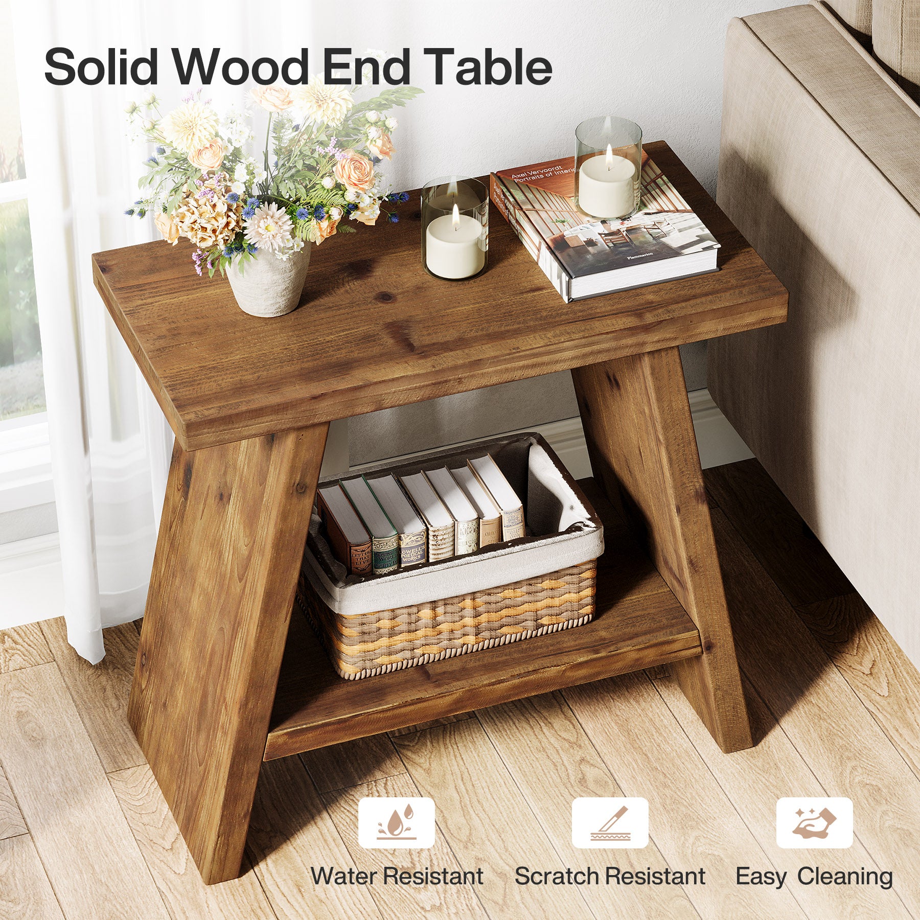 23.6" End Table, Solid Wood Small Side Table with 2-Tier Storage