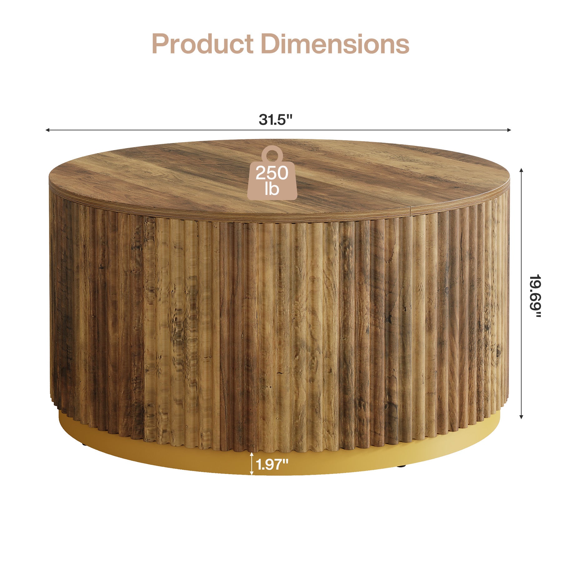 31.5" Round Coffee Table, Fluted Wooden Center Table with Sturdy Drum Base
