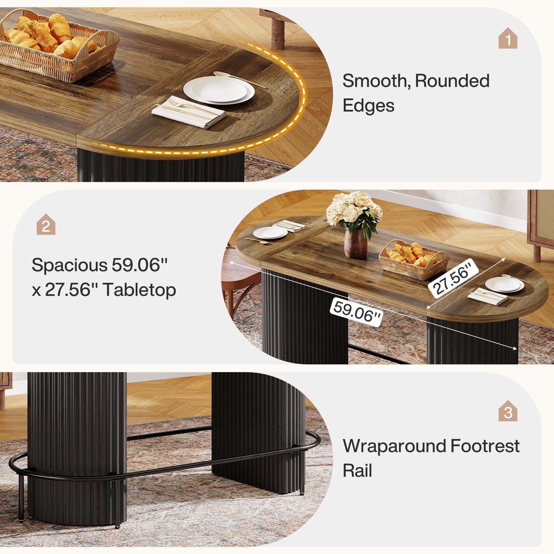 Modern Bar Table, Oval Counter Height Pub Dining Table with Metal Footrest