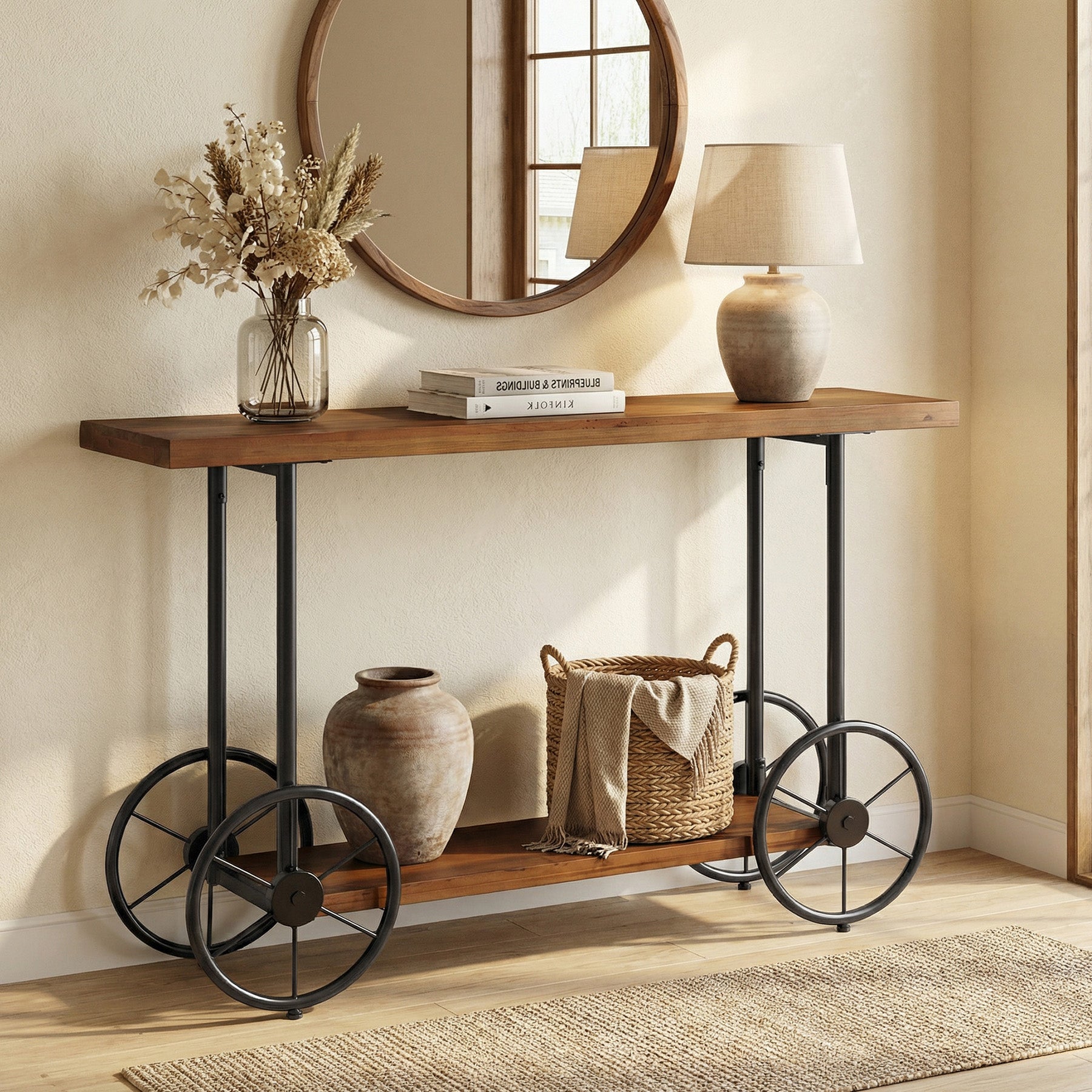 47" Solid Wood Industrial Console Table with 2-Tier Shelves – Narrow Entryway Sofa Table with Metal Base for Hallway or Living Room