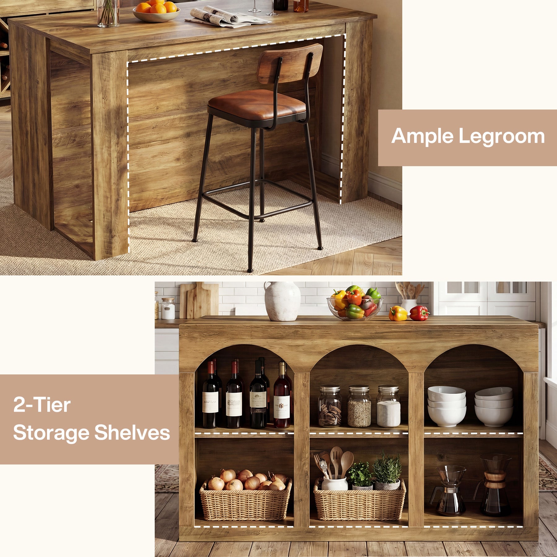 55" Bar Table, High Top Large Home Bar Unit Table with 2-Tier Shelves