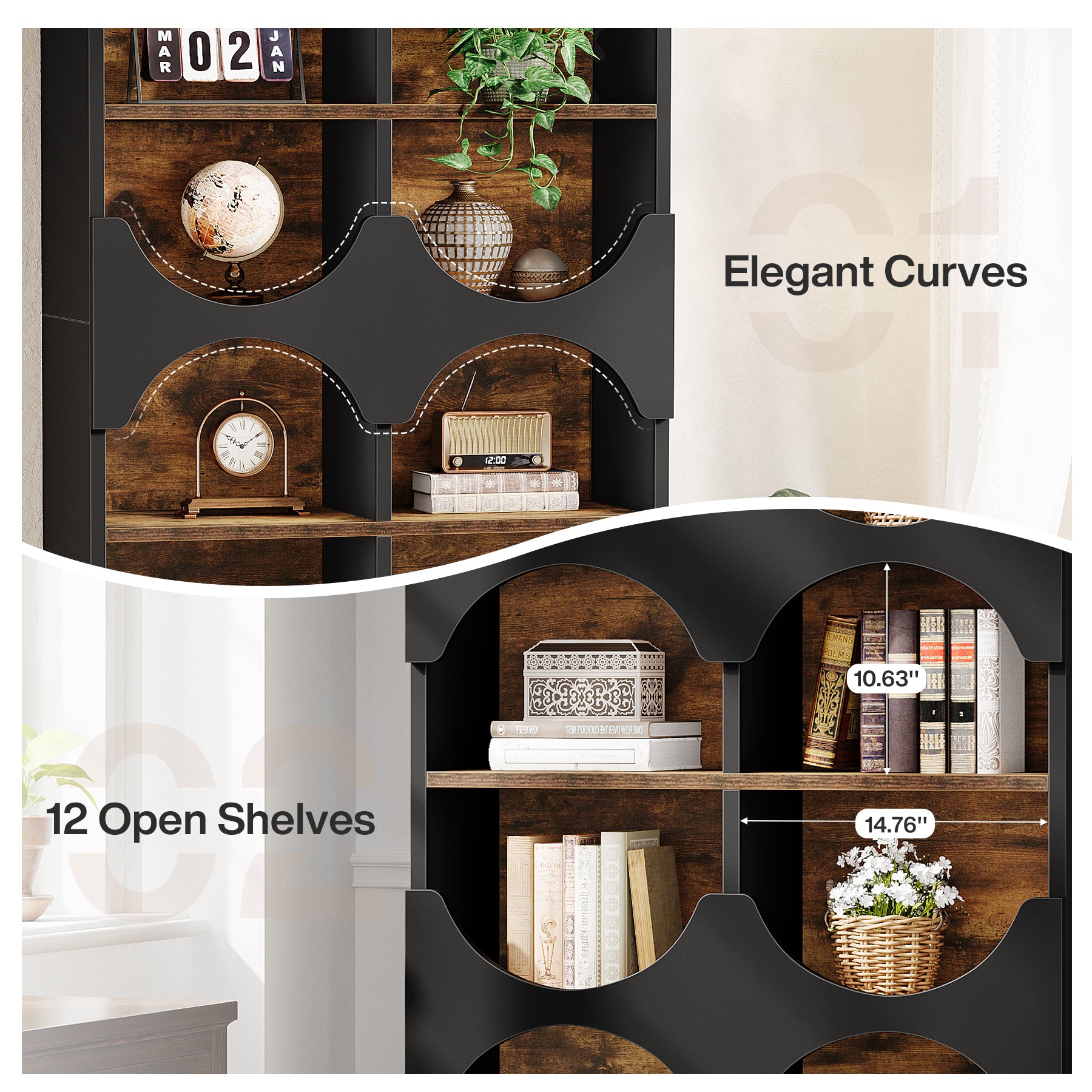 70.8" Bookshelf, 6-Tier Freestanding Bookcase with Half Round Edges