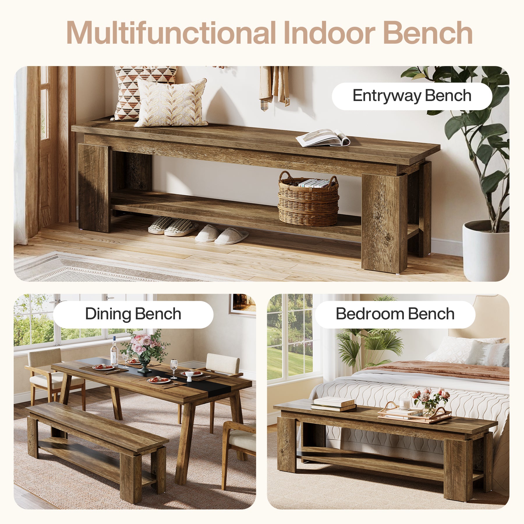 63" Dining Bench for 2-3, Farmhouse Kitchen Bench with Storage Shelf