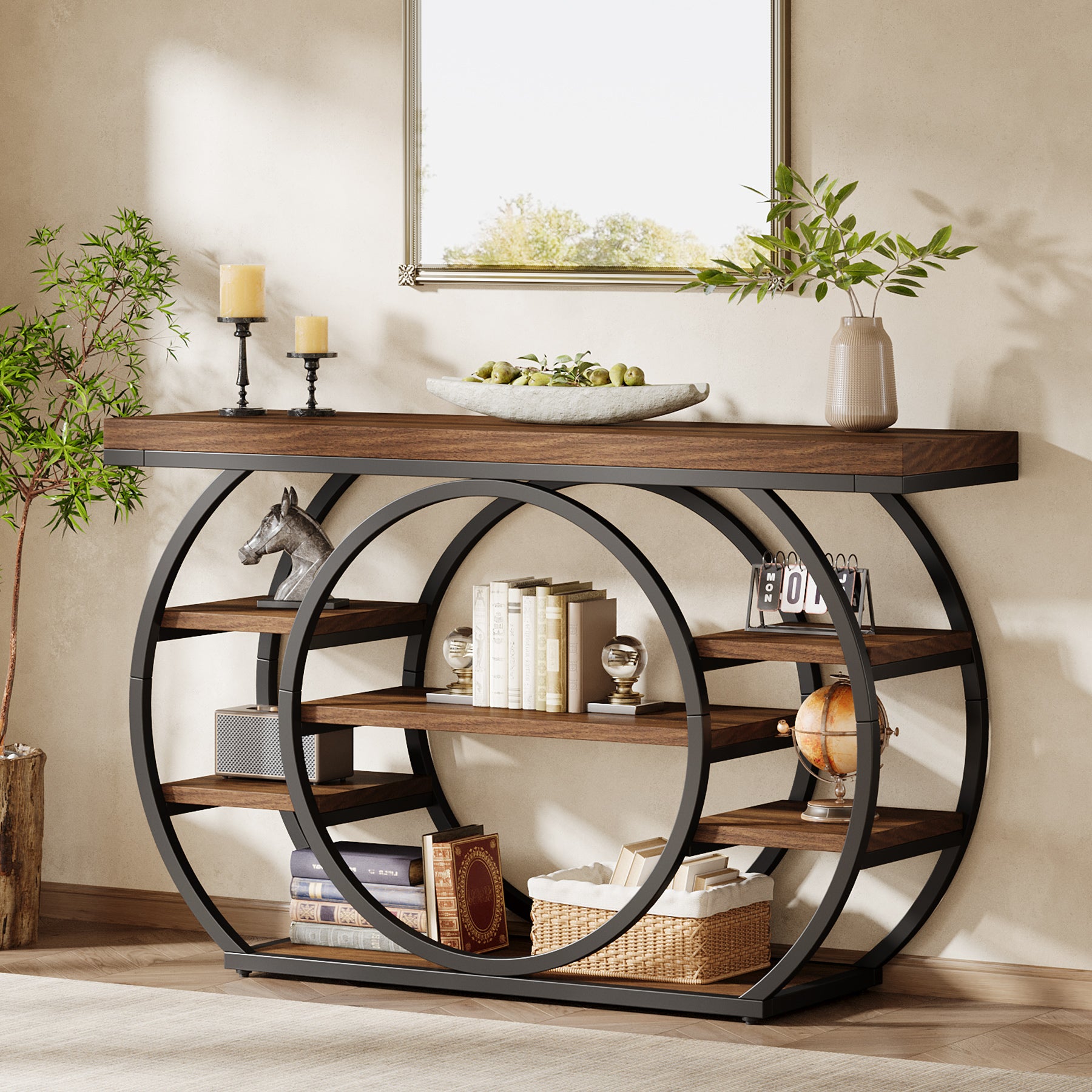 47.24" Console Table, 5-Tier Industrial Sofa Table with Metal Frame