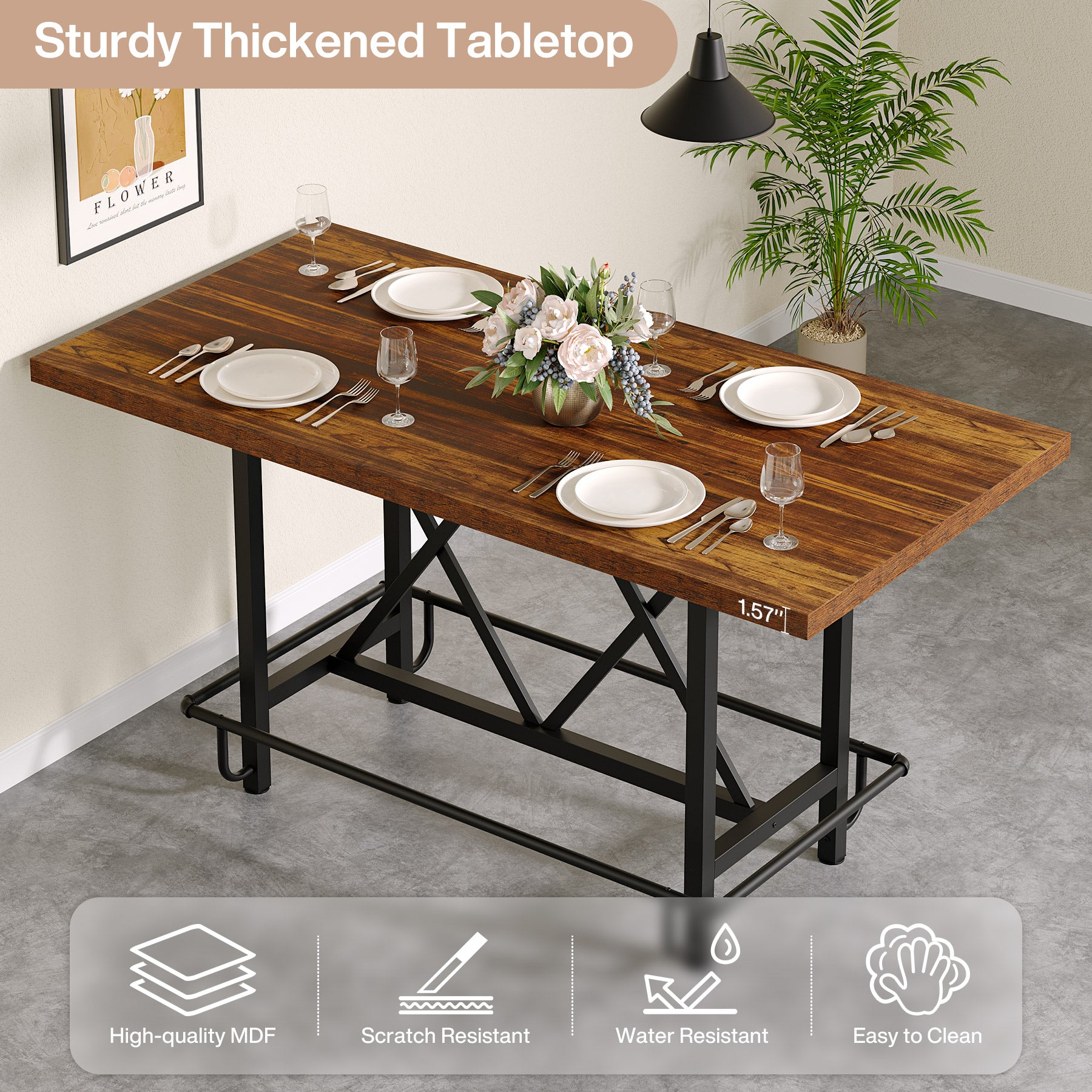 63" Rectangular Dining Table for 6, Counter-Height Kitchen Table with Metal Legs