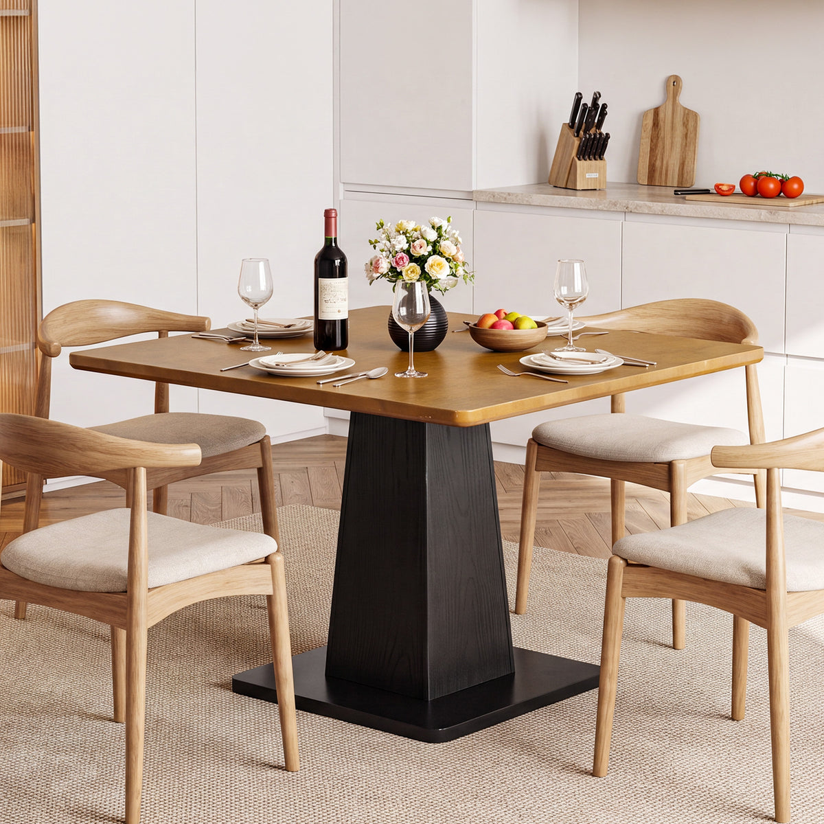 31.5" Square Dining Table for 4, Farmhouse Kitchen Table with Pedestal for Dining Room