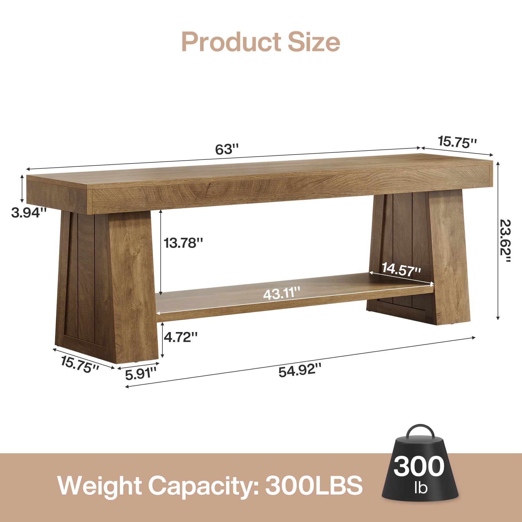 63" Entryway Bench with Storage Shelf, 2-Tier Hallway Shoe Bench