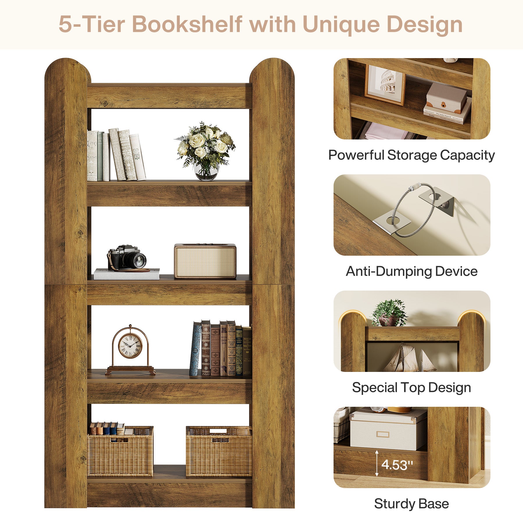 5-Tier Bookshelf, 70.86" Farmhouse Bookcase Display Shelf