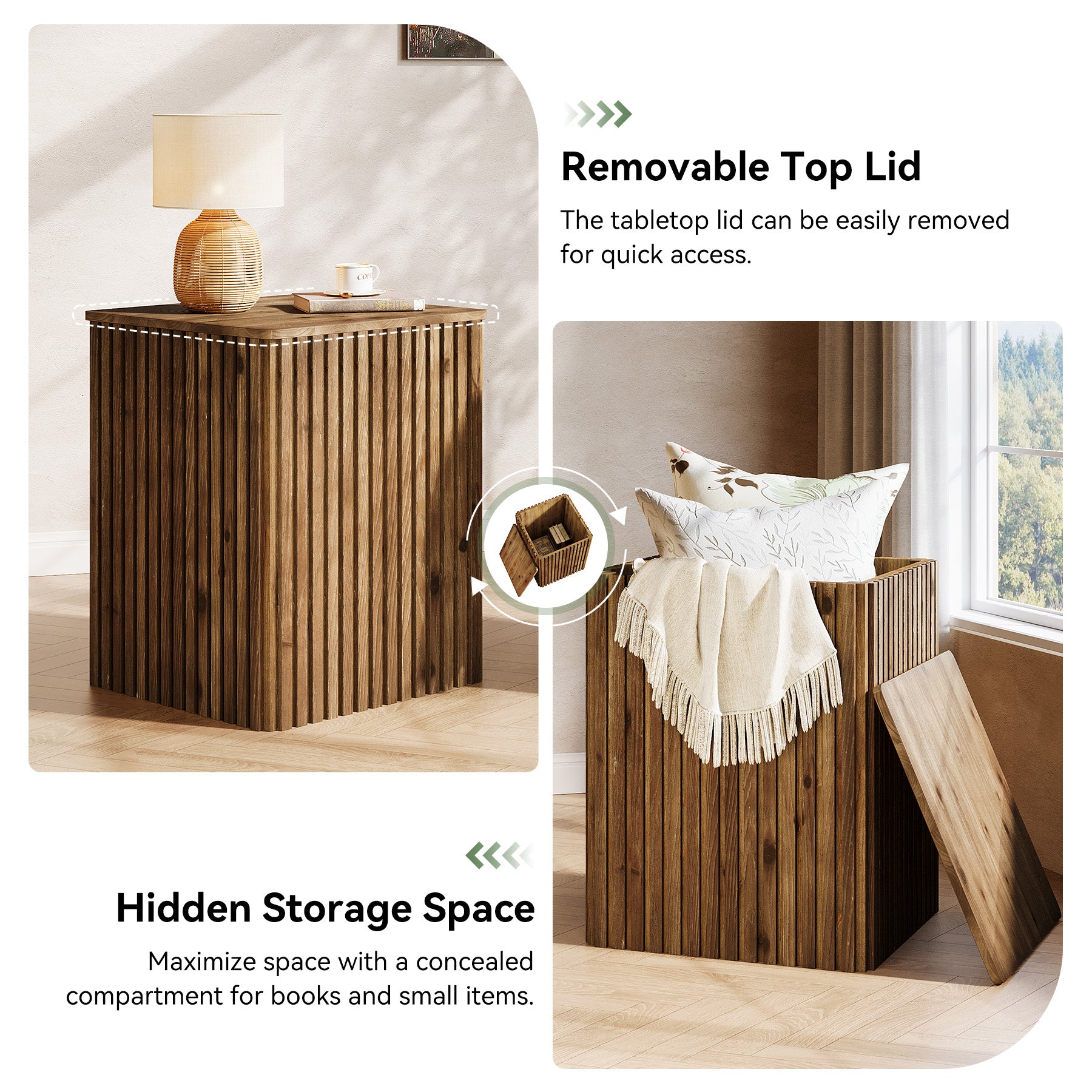 Solid Wood End Table, Square Fluted Side Table with Storage and Removable Lid