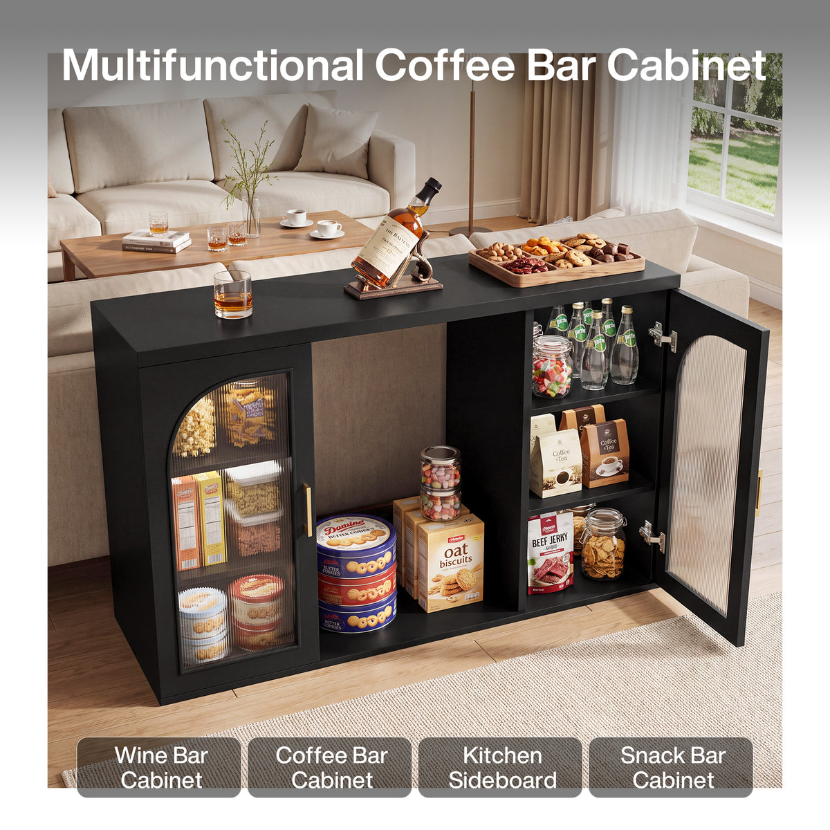 53" Coffee Bar Cabinet with Mini Fridge Space & LED Lights, Fluted Acrylic Door