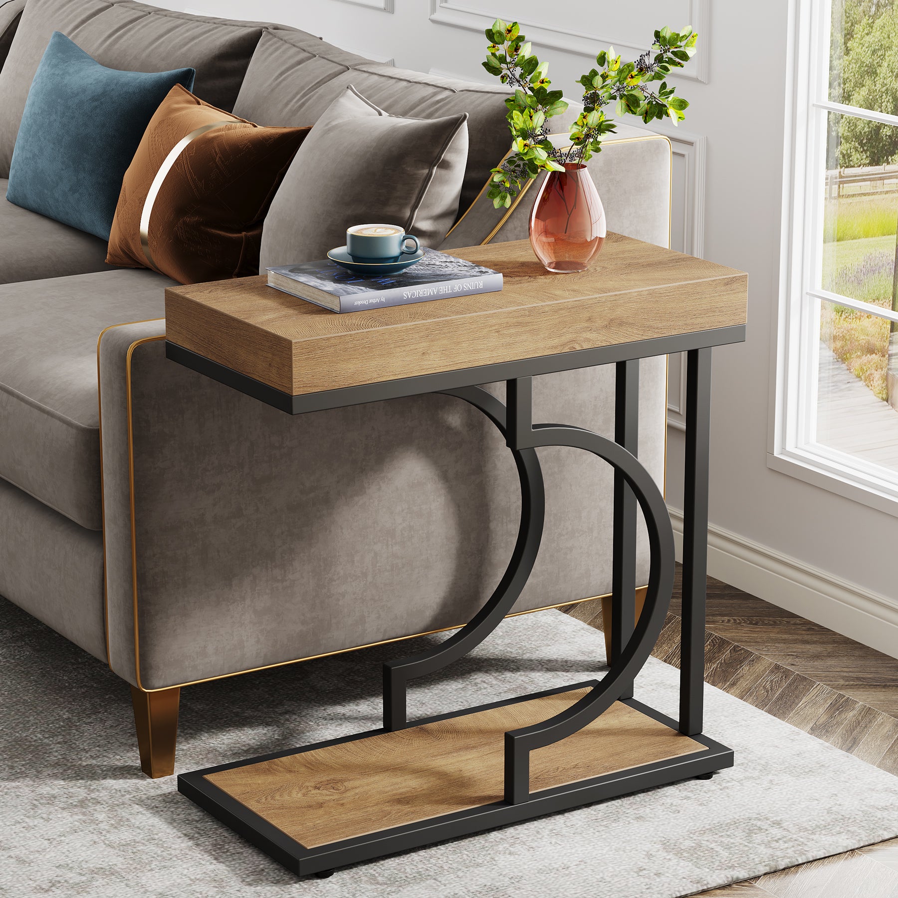 Narrow C Table, Modern End Table Bedside Table with Metal Frame