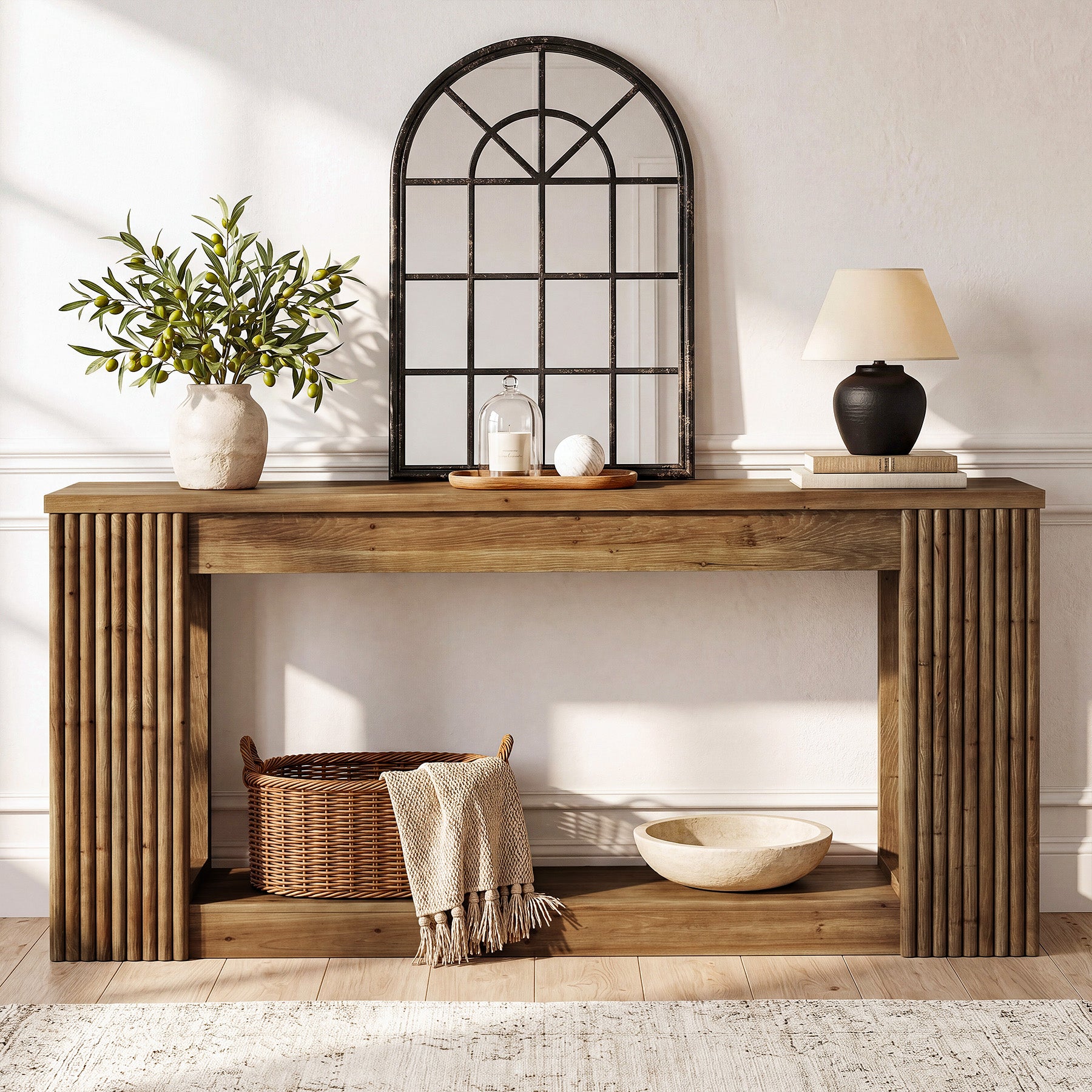 63" Solid Wood Console Table with Storage Shelf, Farmhouse Entryway Table with Fluted Legs