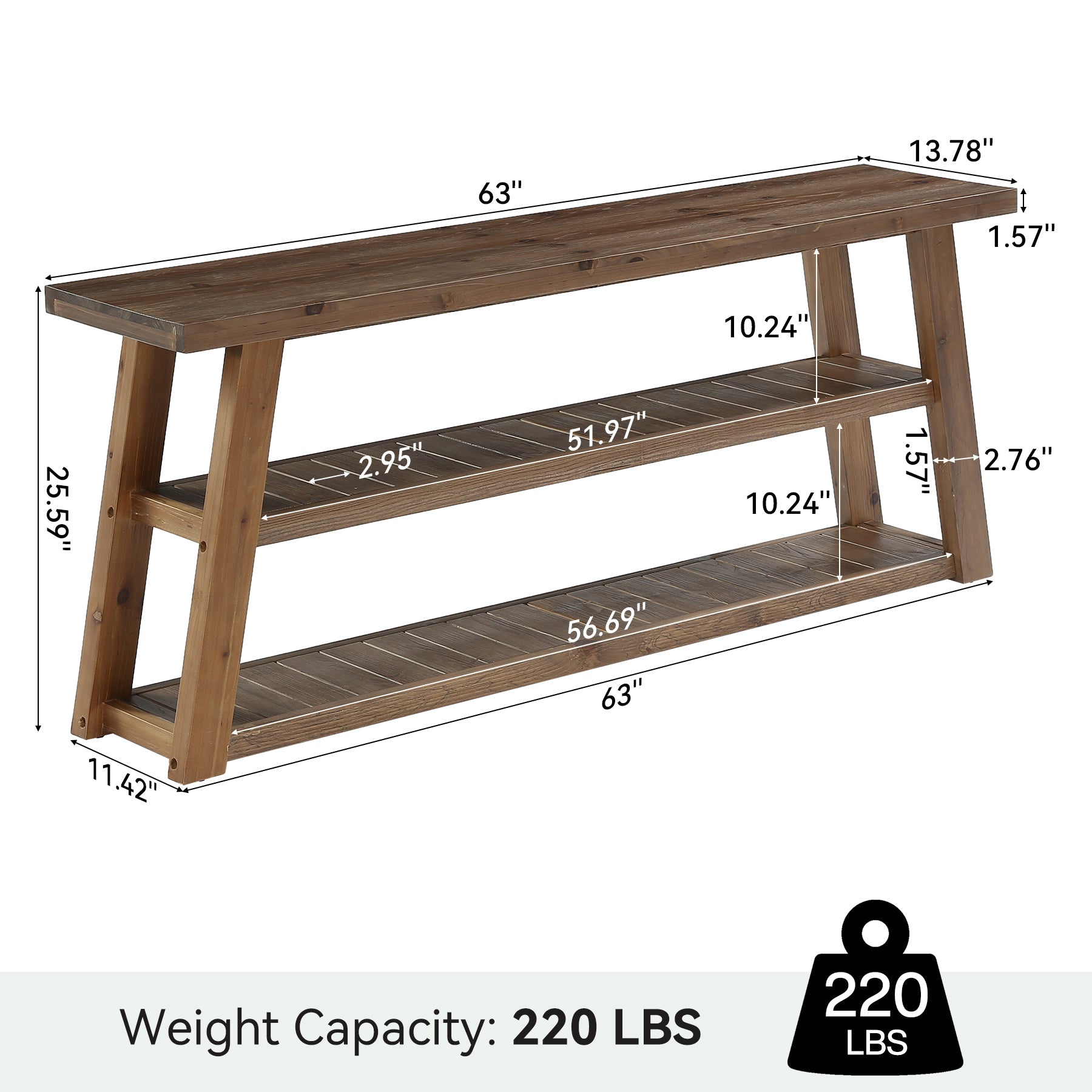 63" Solid Wood Console Table, 3-Tier Farmhouse Entryway Table with Storage Shelves