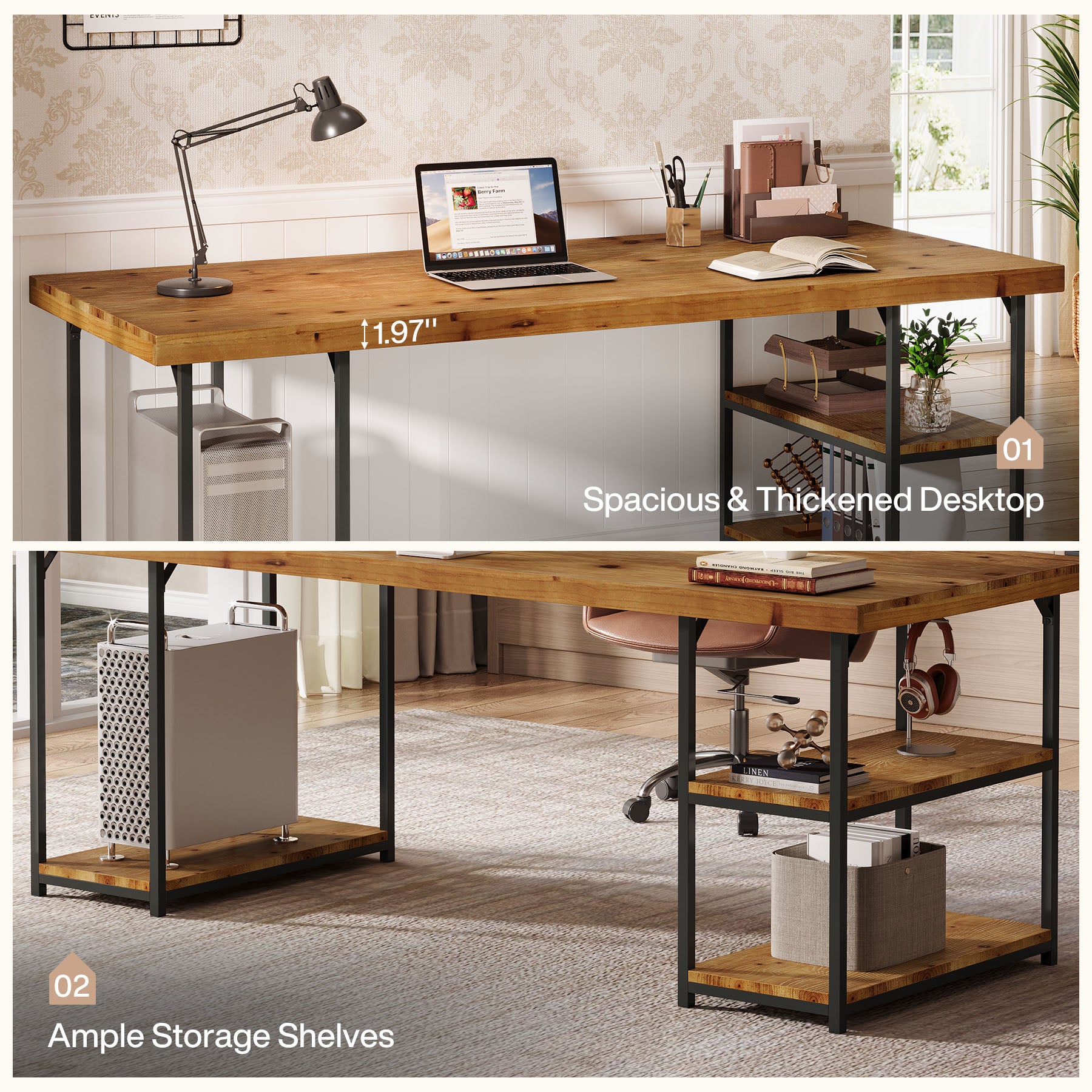 Solid Wood Computer Desk , 71" Home Office Desk with Shelves