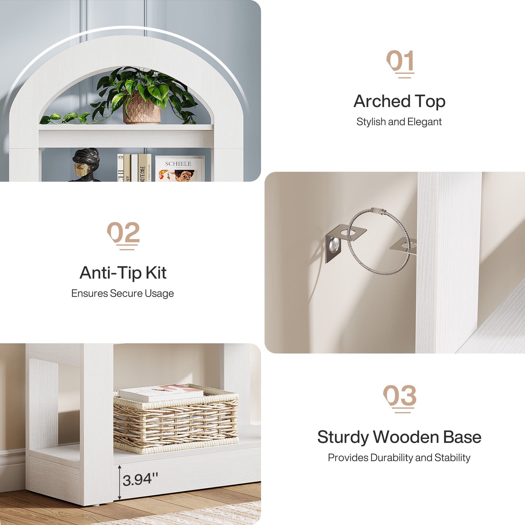 5-Tier Wooden Bookshelf with Arched Top, Tall Display Bookcase Shelf