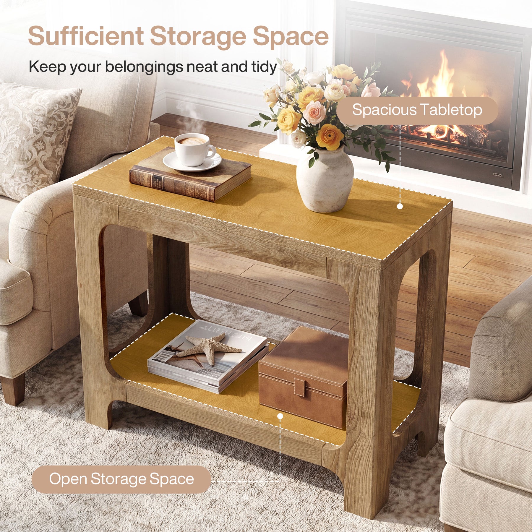2-Tier Side Table, Narrow Wooden Rectangle End Table for Small Spaces