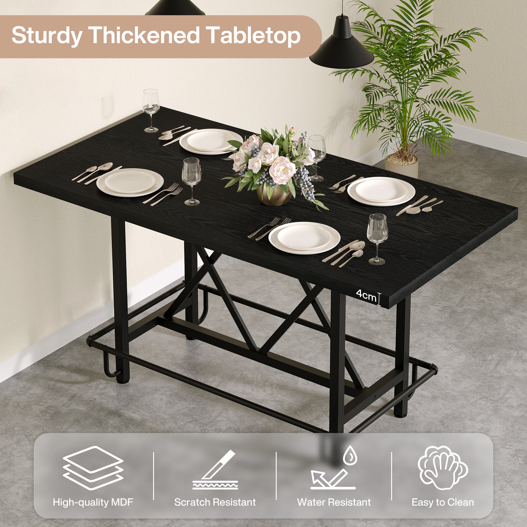 63" Rectangular Dining Table for 6, Counter-Height Kitchen Table with Metal Legs