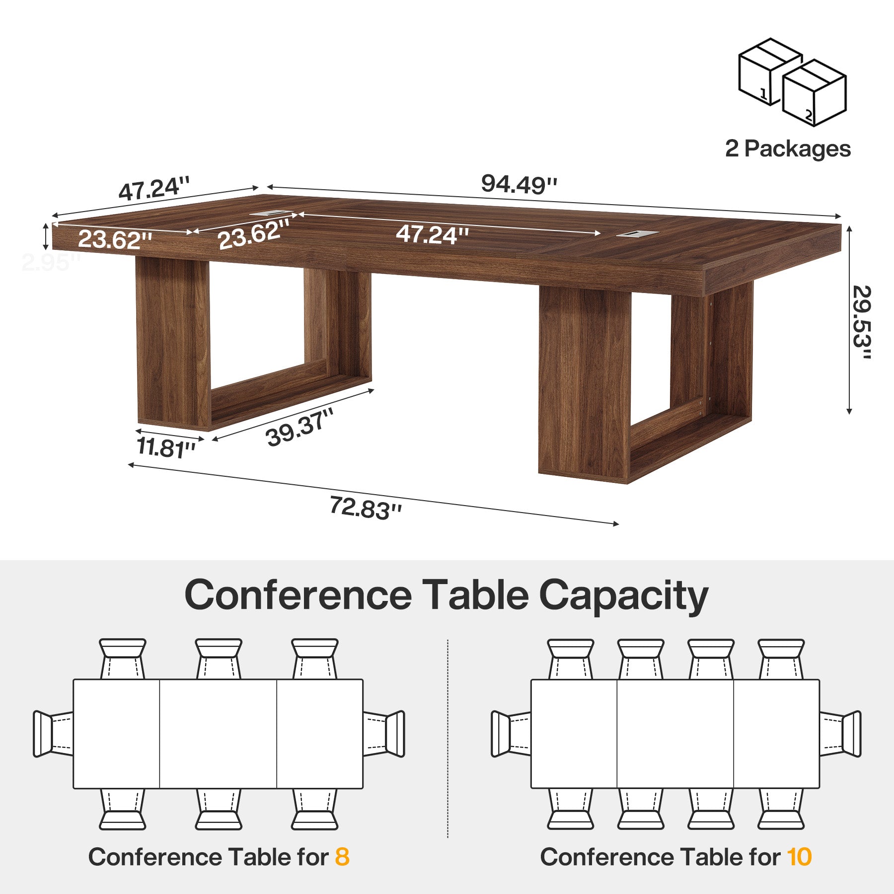 8FT Conference Table, 94.5" Meeting Table with 2 Cable Grommet for 8-10