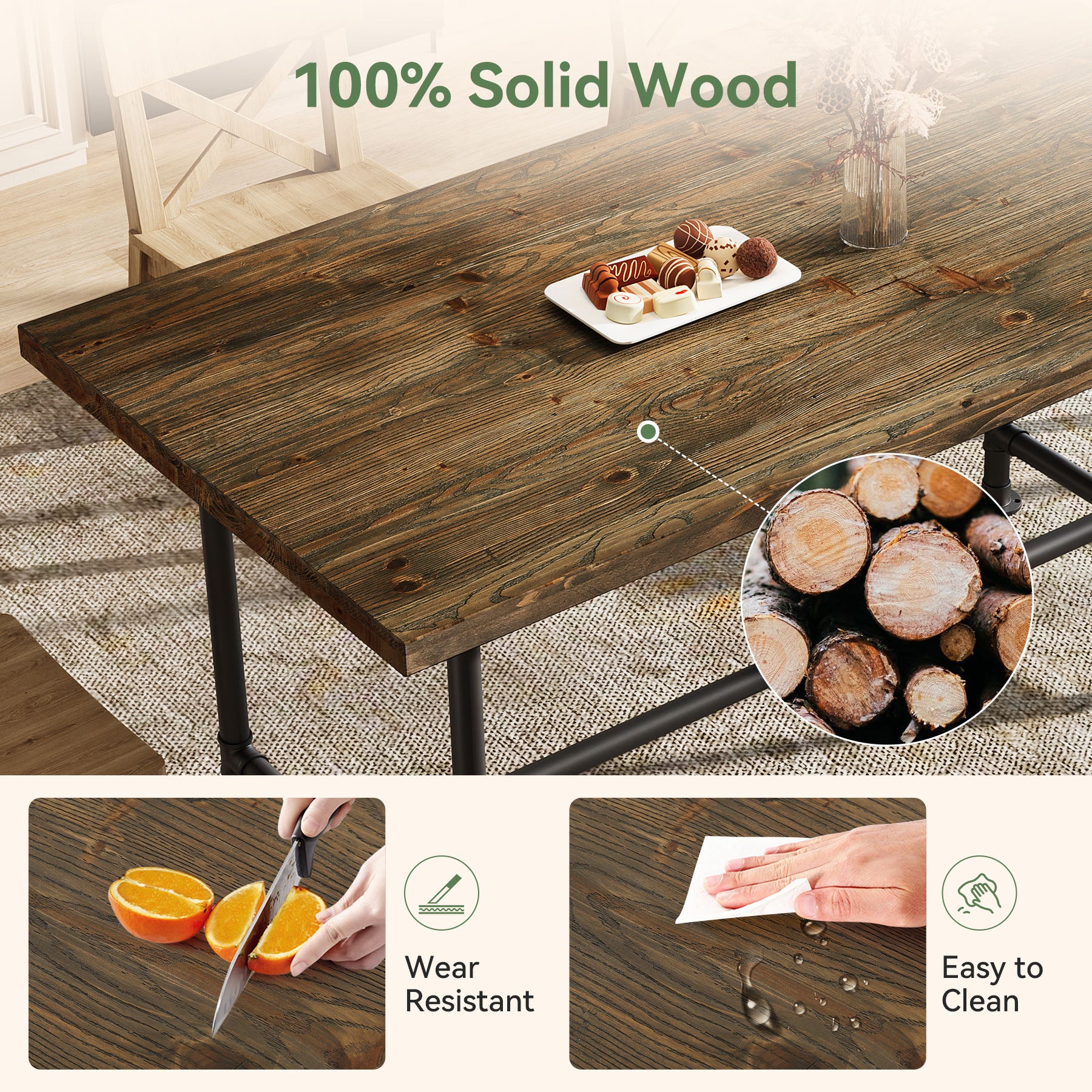 63" Solid Wood Dining Table for 4-6, Industrial Kitchen Table with Metal Footrest