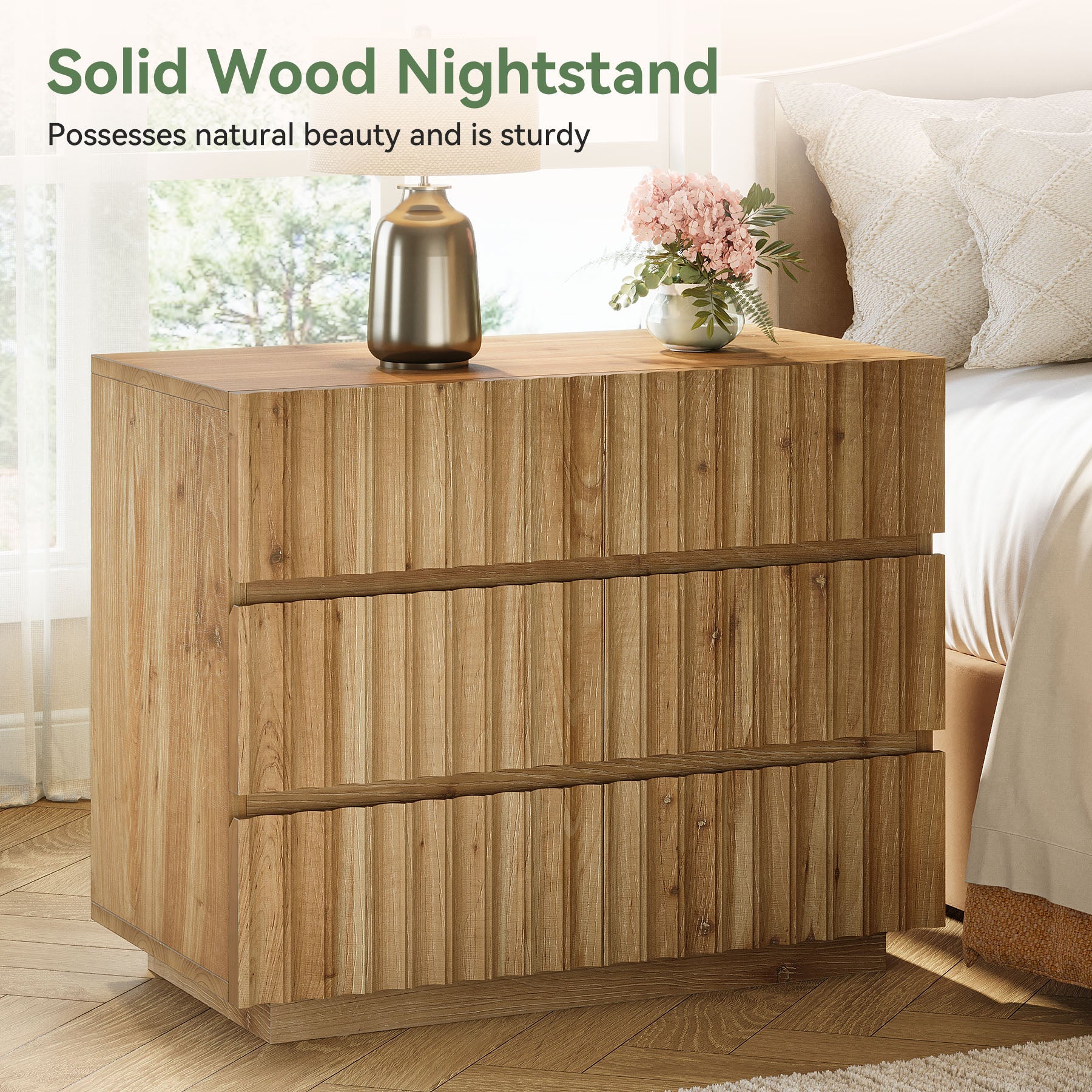 Oversized Solid Wood Nightstand, 31.5" Bedside Table with 3 Drawers