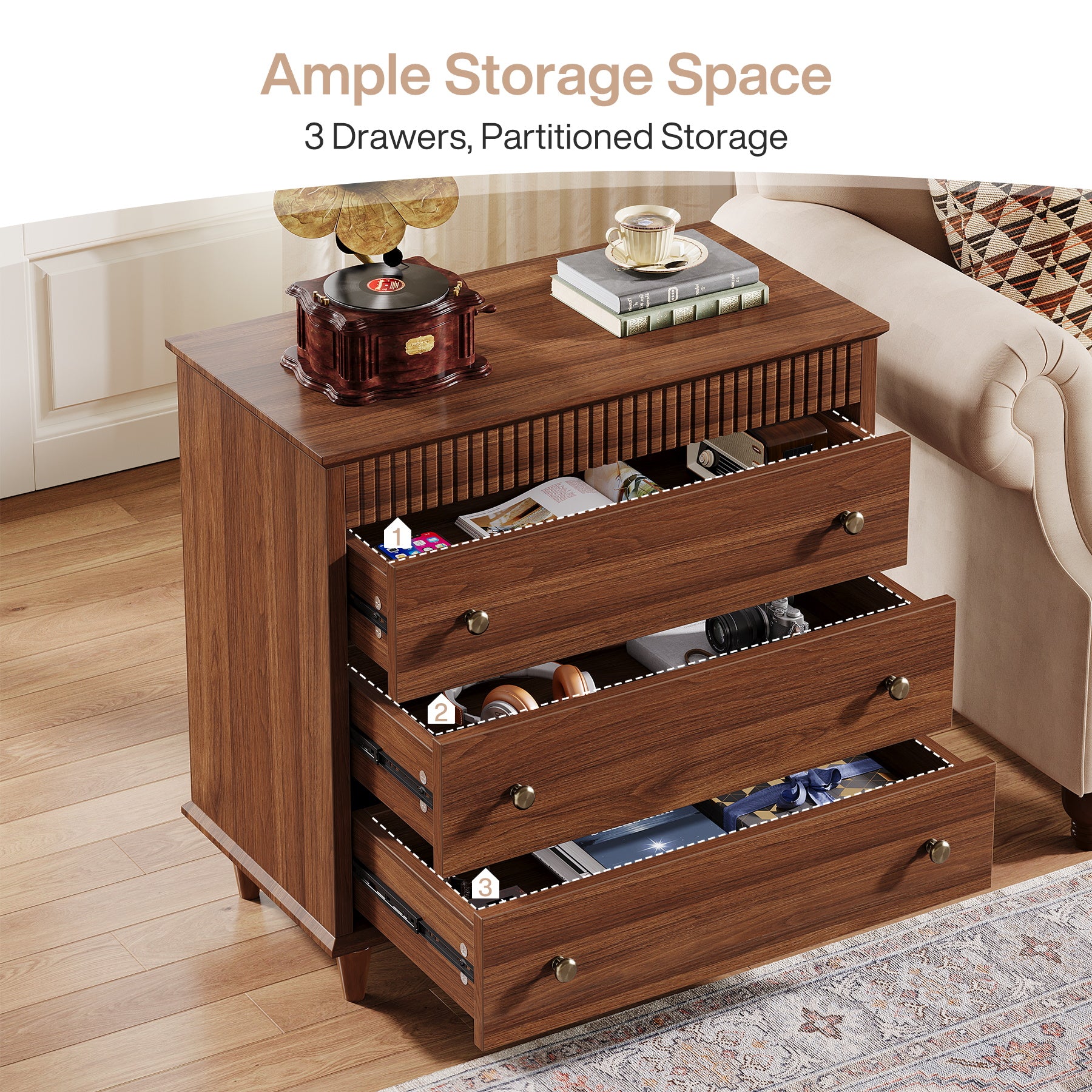 Nightstand with 3 Drawers, 31.5" Oversized Bedside Table with Mental Handles