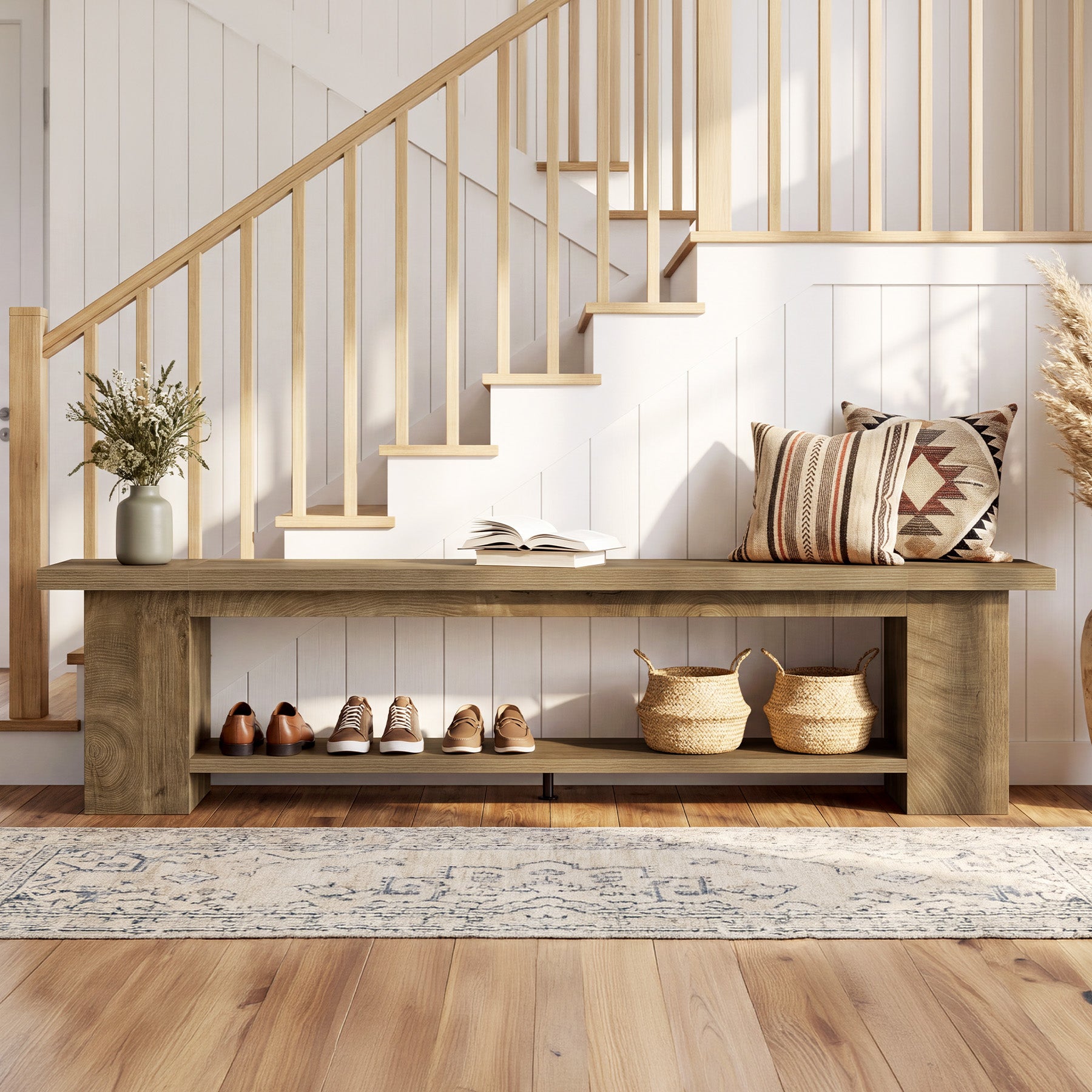 86.6" Extra-Long Entryway Bench, Farmhouse Shoe Bench with 2-Tier Storage