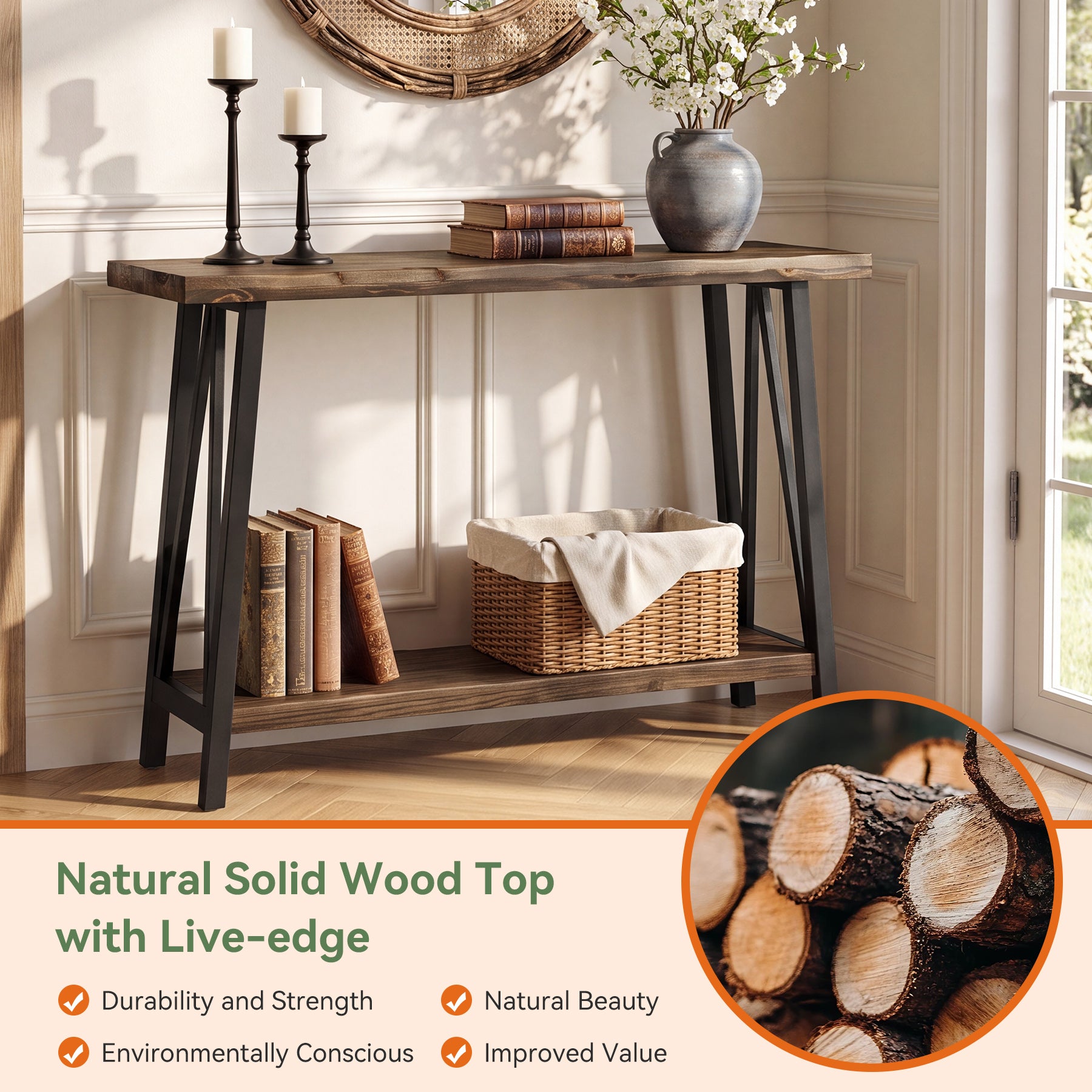 41.3" Live-Edge Solid Wood Console Table, 2-Tier Entryway Table with Metal Frame