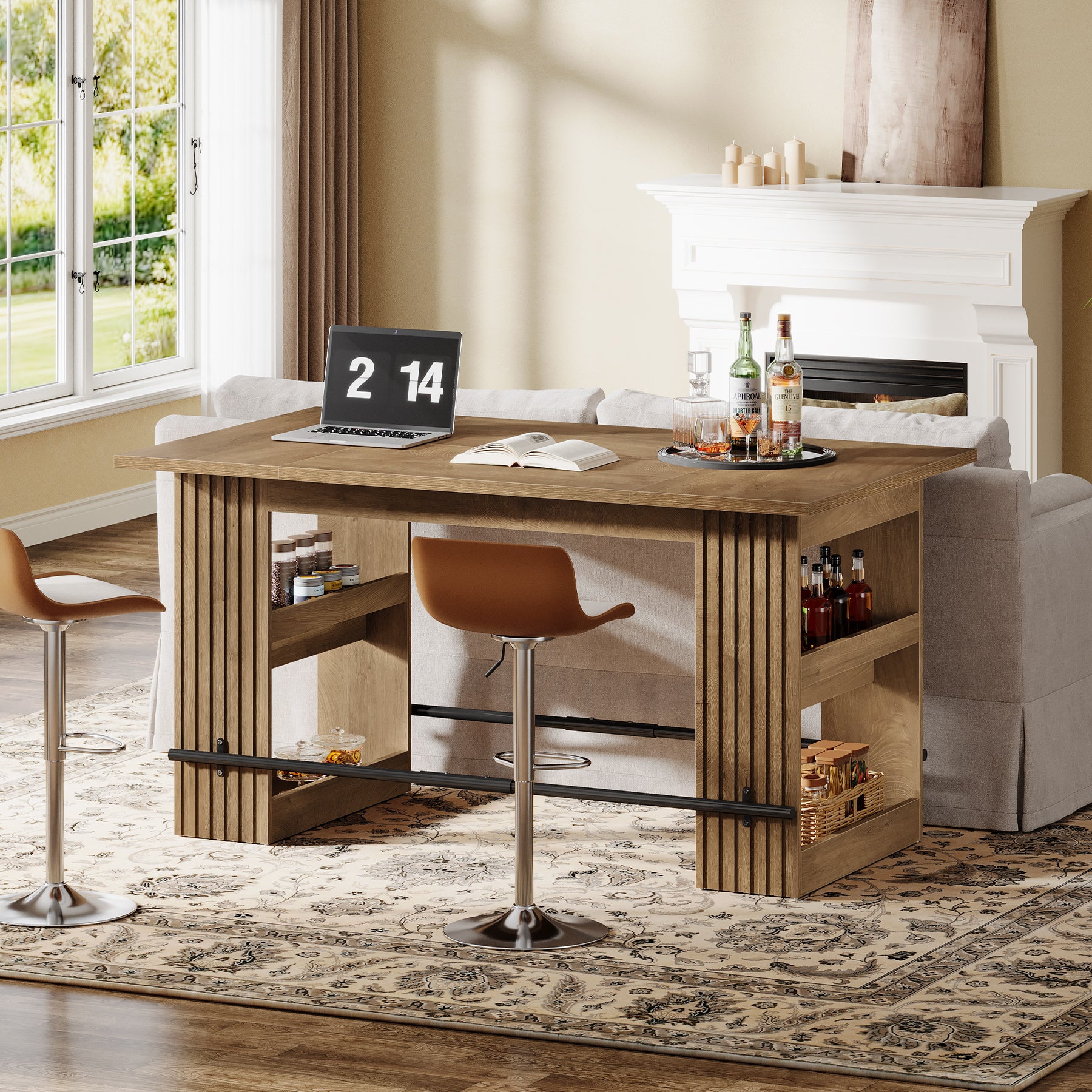 63" Bar Table, Counter Height Pub Dining Table with Storage Shelve Home Bar Units