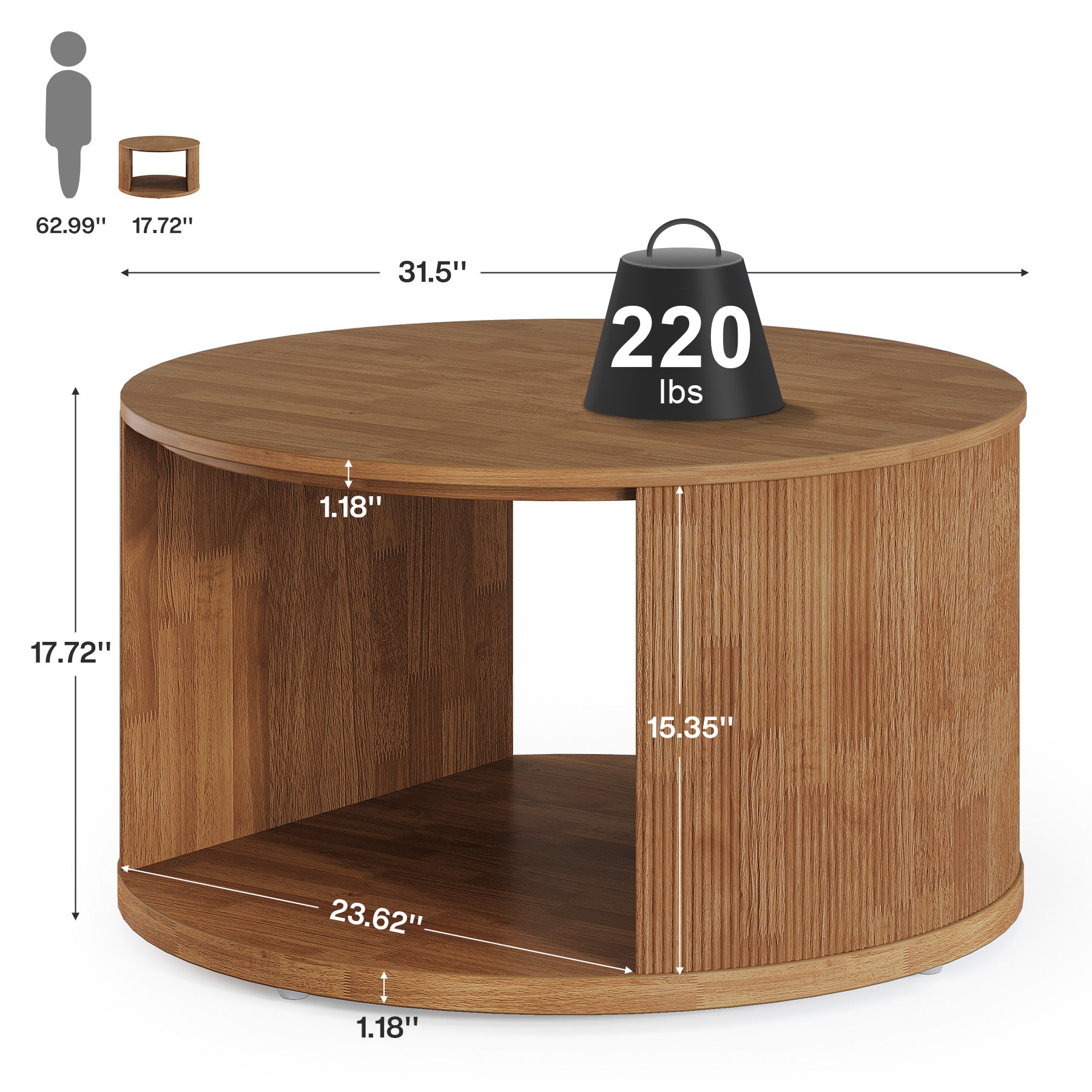 Round Coffee Table, 31.5" Center Table with Fluted Drum Base and Alcove Storage
