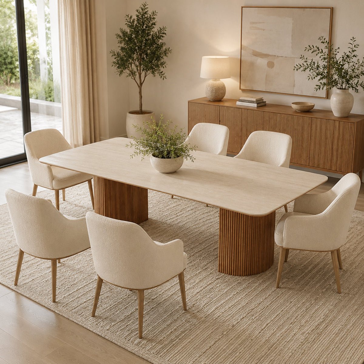 Modern travertine stone dining table paired with pure white chairs