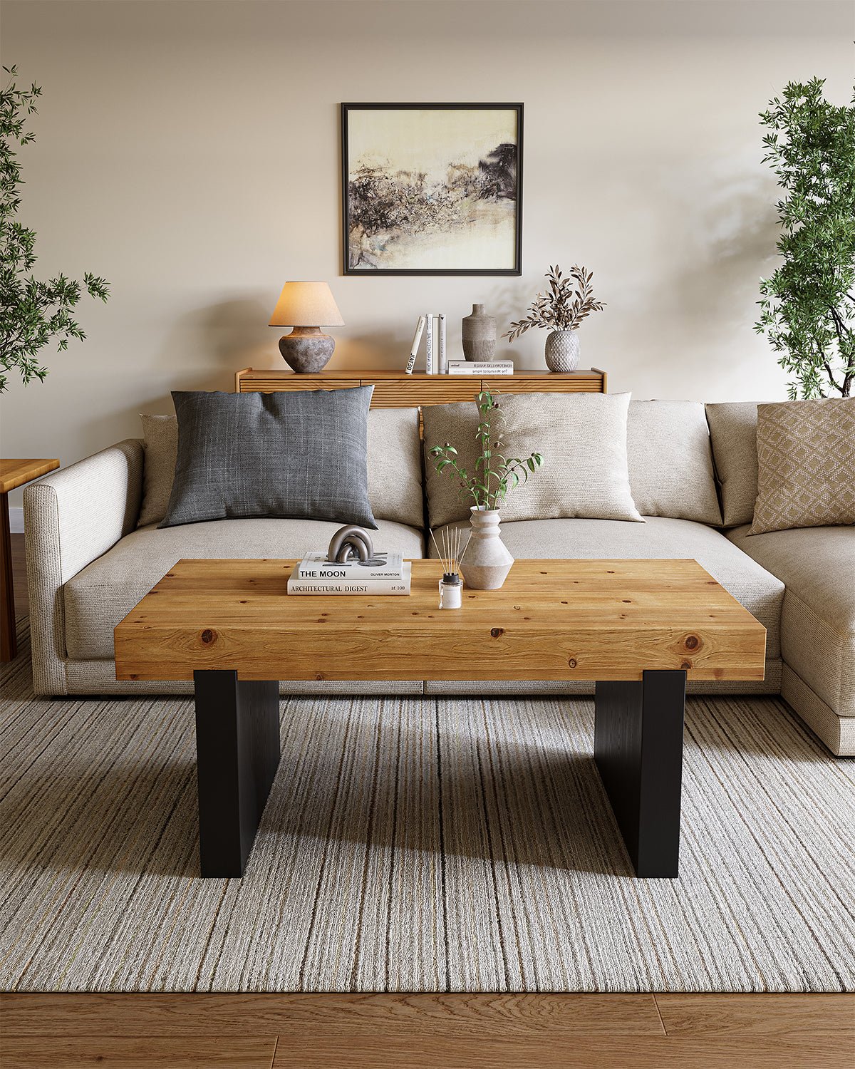 Rectangle Solid Wood Coffee Table, 47.2" Two-Tone Center Table for Living Room