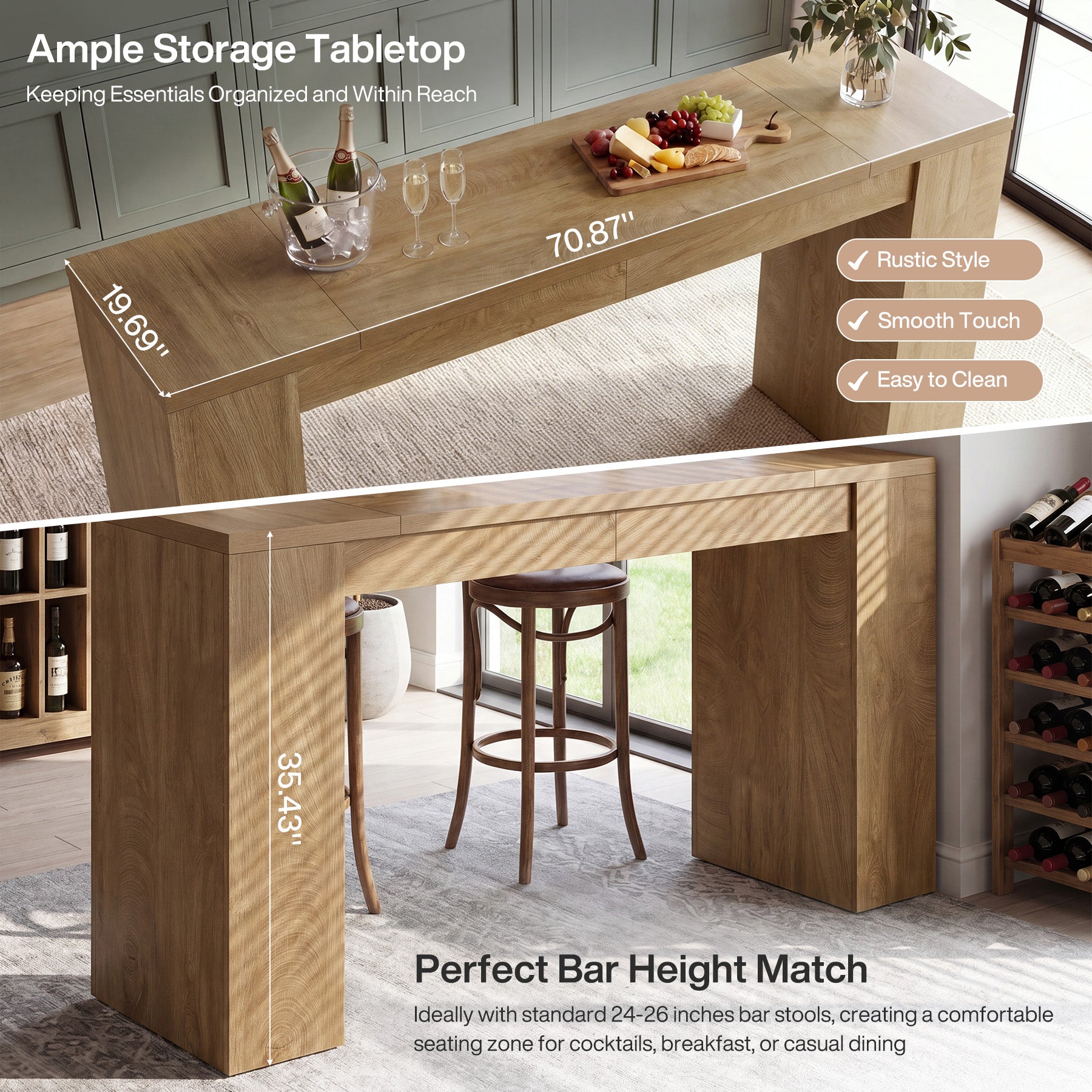 71" Long Bar Table, Wooden Farmhouse Counter Height Home Bar Table