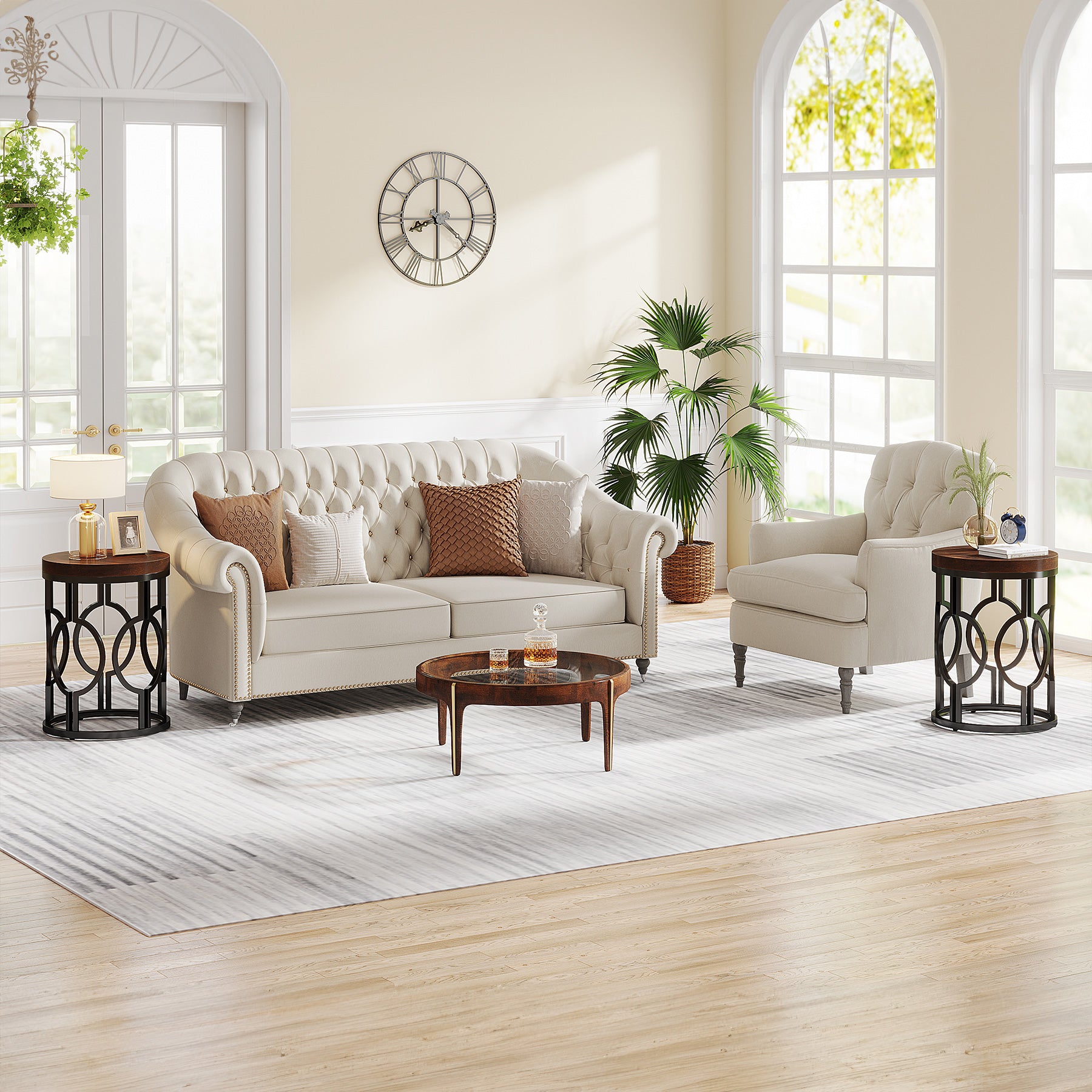 Small Round End Table, Industrial Metal Frame Side Table for Living Room & Bedroom