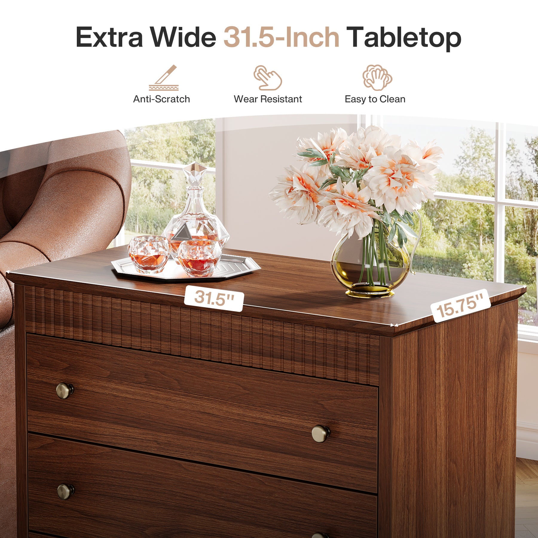 Nightstand with 3 Drawers, 31.5" Oversized Bedside Table with Mental Handles