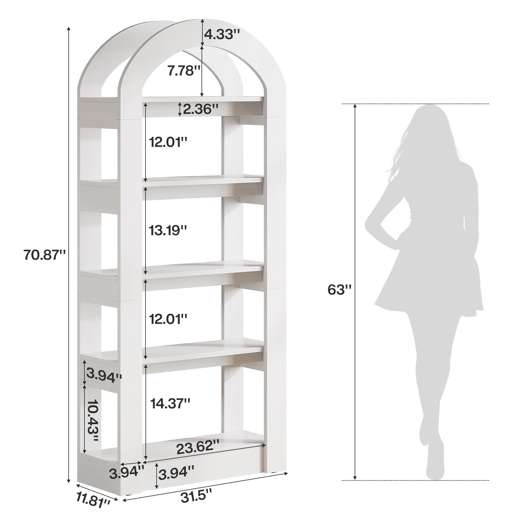 5-Tier Wooden Bookshelf with Arched Top, Tall Display Bookcase Shelf