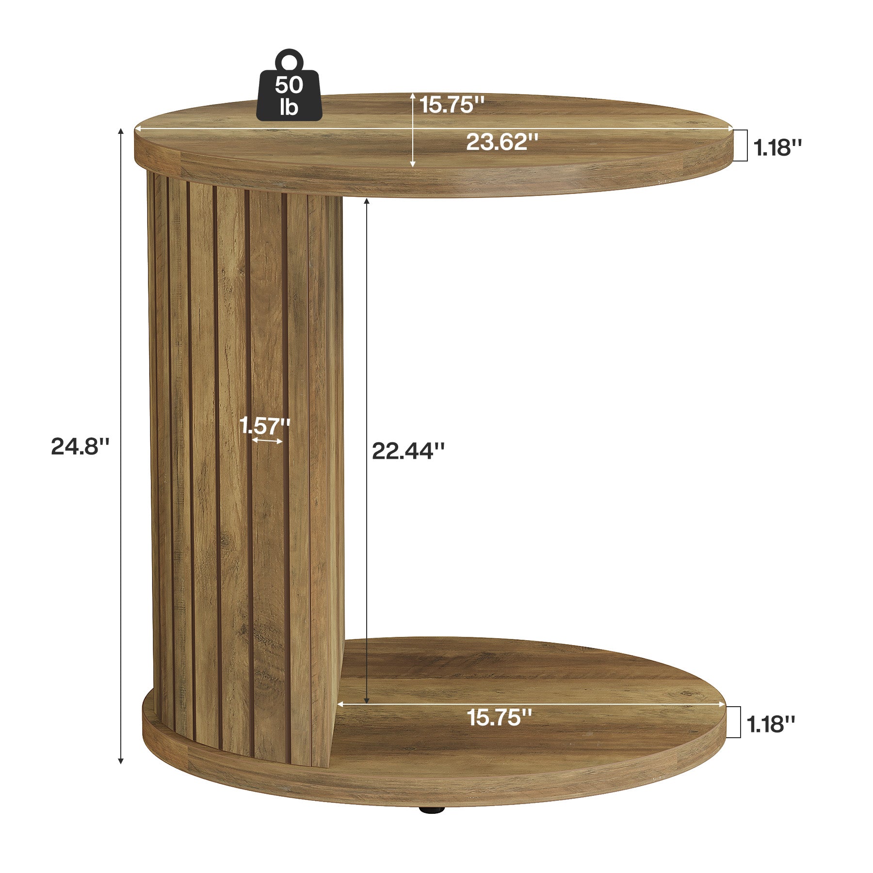C-Shaped End Table, Fluted Sofa Side Table with Storage Shelf for Small Space