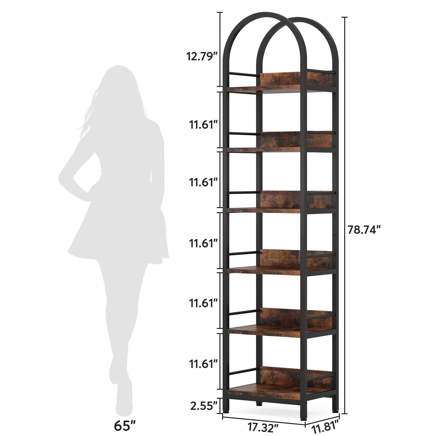 6 - Tier Bookshelf, 78.7" Narrow Bookcase Arched Display Shelf Tribesigns