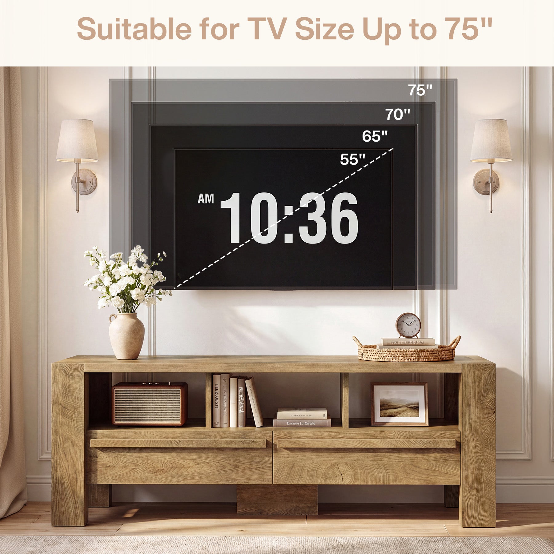 63" TV Stand for 75" TVs, Entertainment Media Console with 2 Drawers and Open Shelves for Living Room