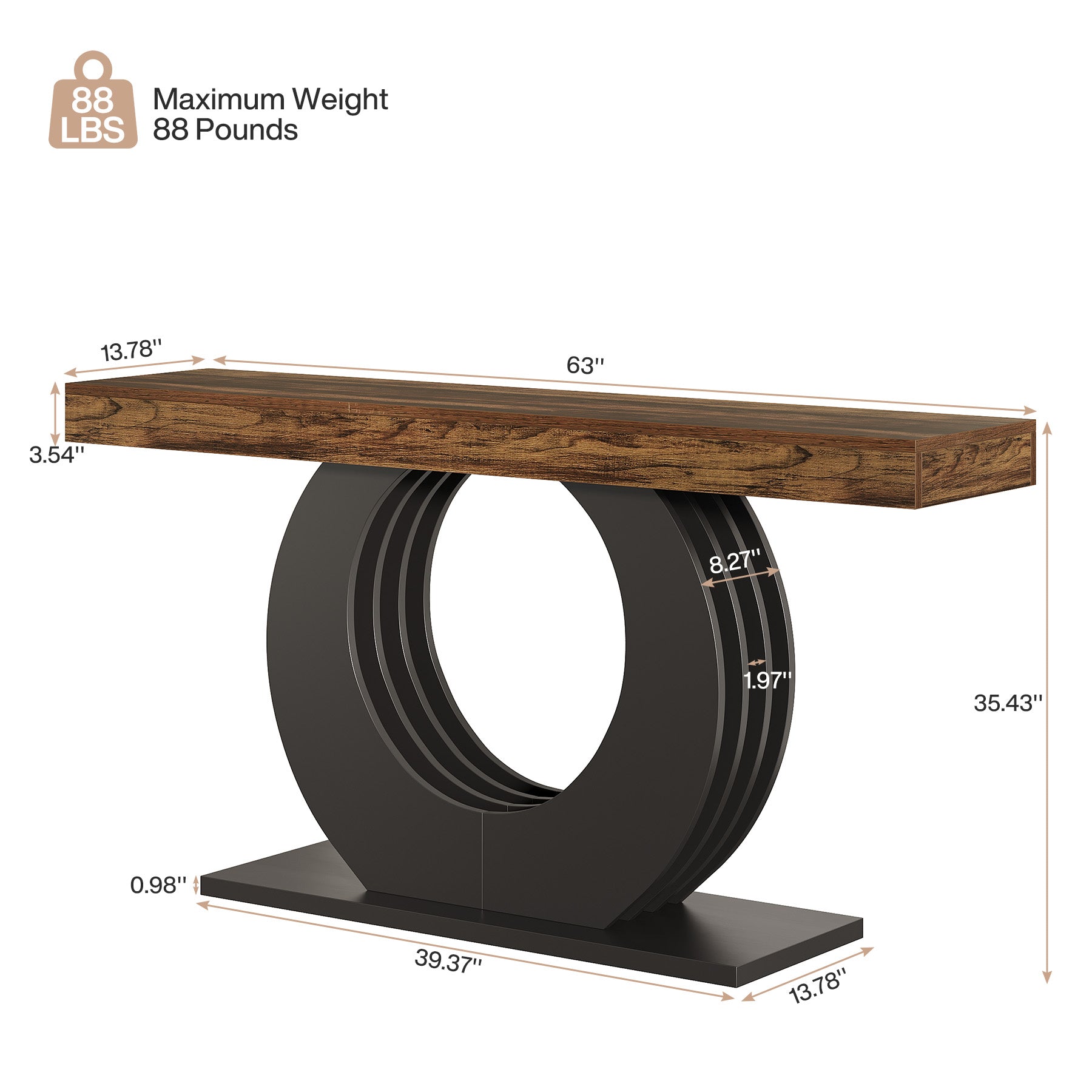 63" Console Table, Rustic Sofa Table Entryway Table with Circle Base