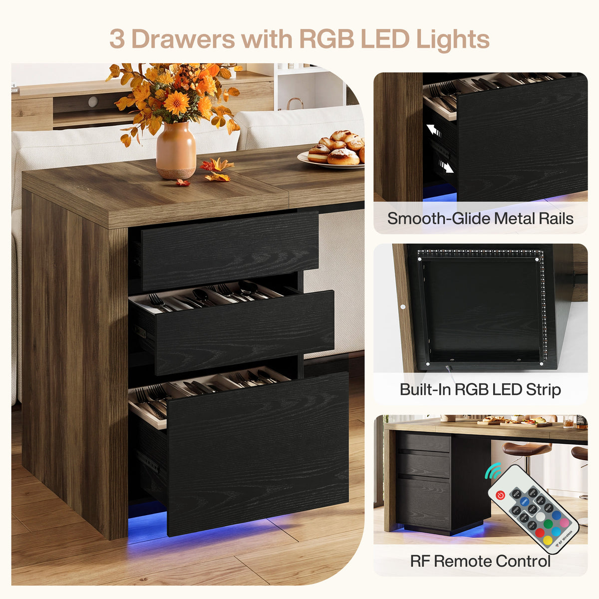 79" Counter Height Bar Table with 3 Drawers & LED Lights, Long Pub Table