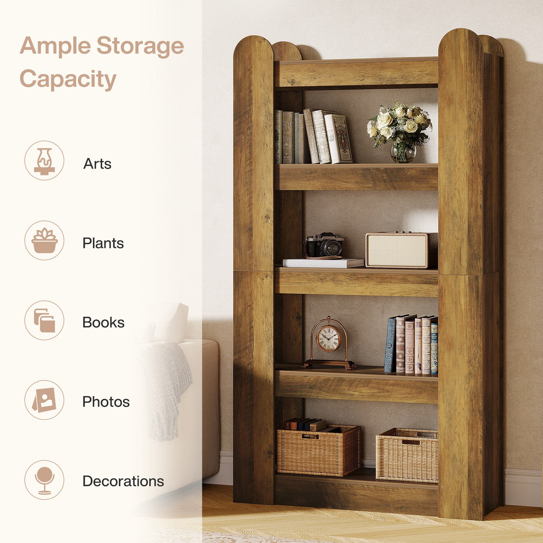 5-Tier Bookshelf, 70.86" Farmhouse Bookcase Display Shelf