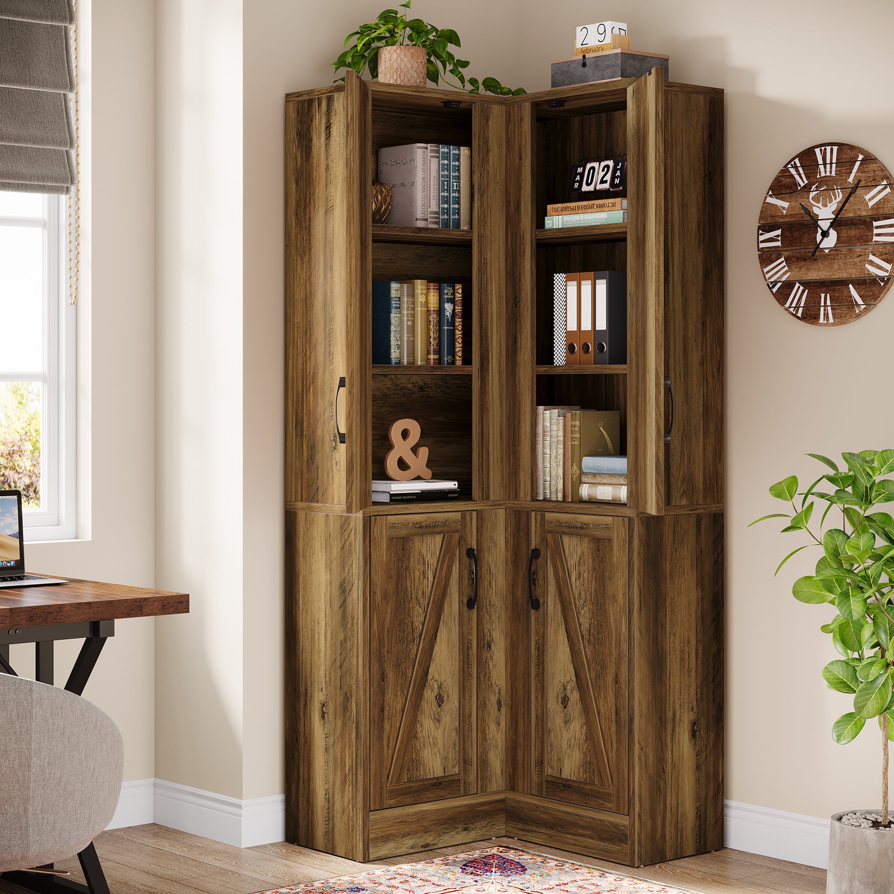 70.8" Corner Bookcase, Farmhouse Corner Storage Cabinet with Doors