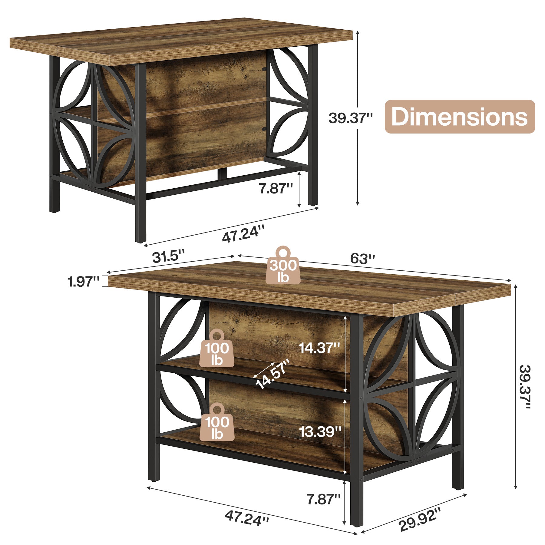 63" Kitchen Island with Storage, 2-Tier Kitchen Bar Table with Large Worktop