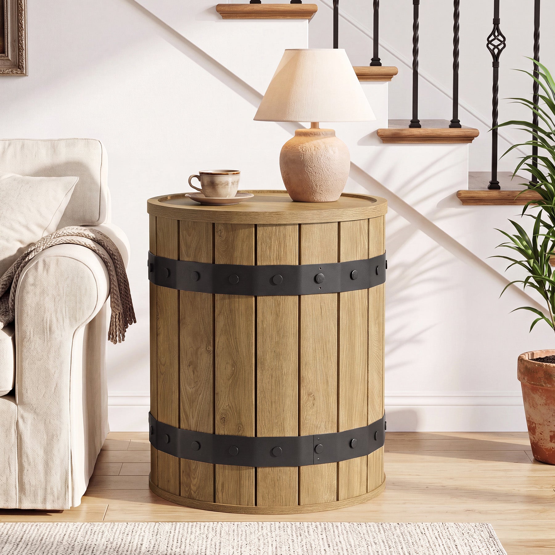 19.68" Barrel Side Table with Hidden Storage, Round Wood End Table with Lid for Living Room and Bedroom